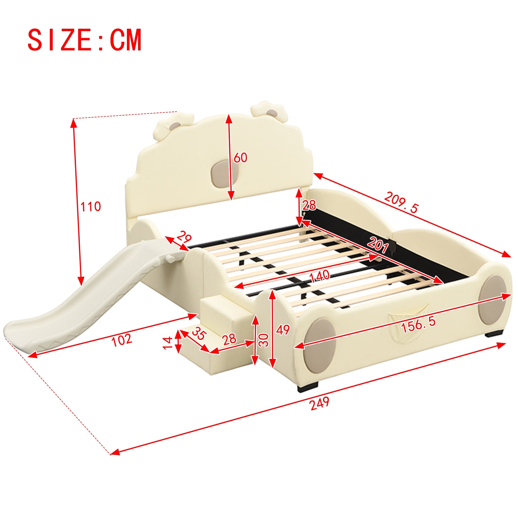 Bear Cartoon Bed for Children with Slide and Ladder, 140x200cm, Beige PU Leather