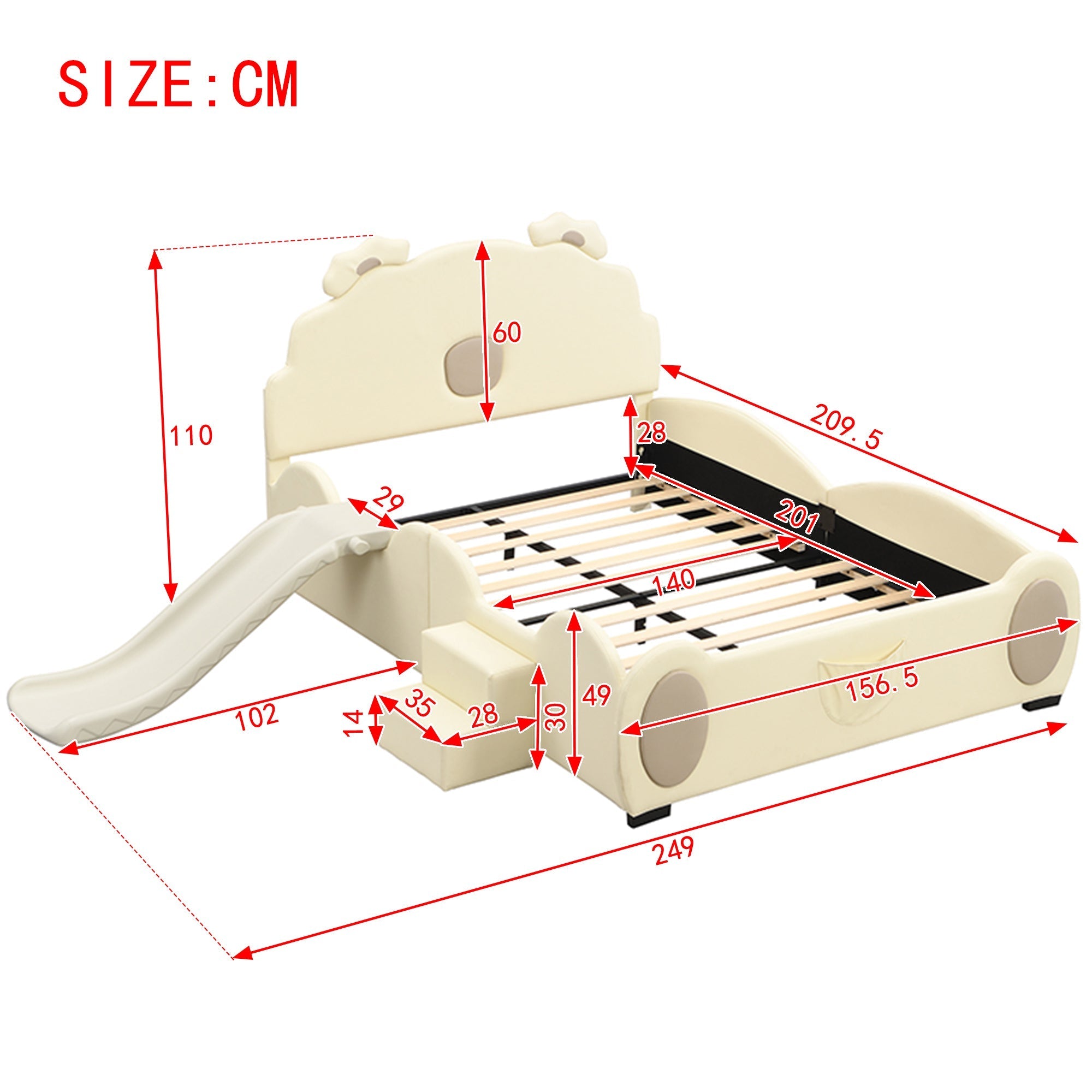 Bear Cartoon Bed for Children with Slide and Ladder, 140x200cm, Beige PU Leather