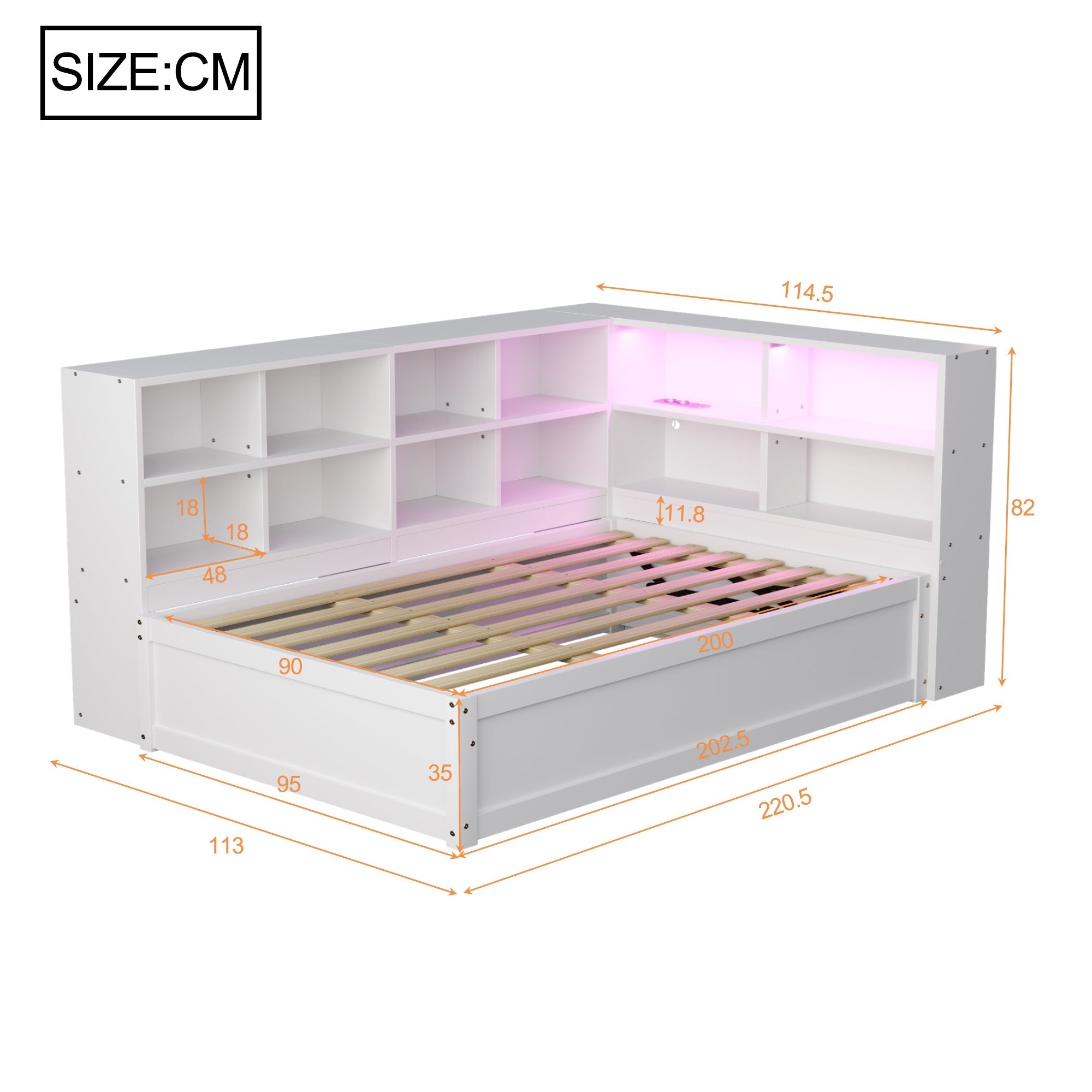 Sofa Bed, 90x200 Multifunctional with Sockets, Storage, Light Bar, Hydraulic, Solid Wood, White