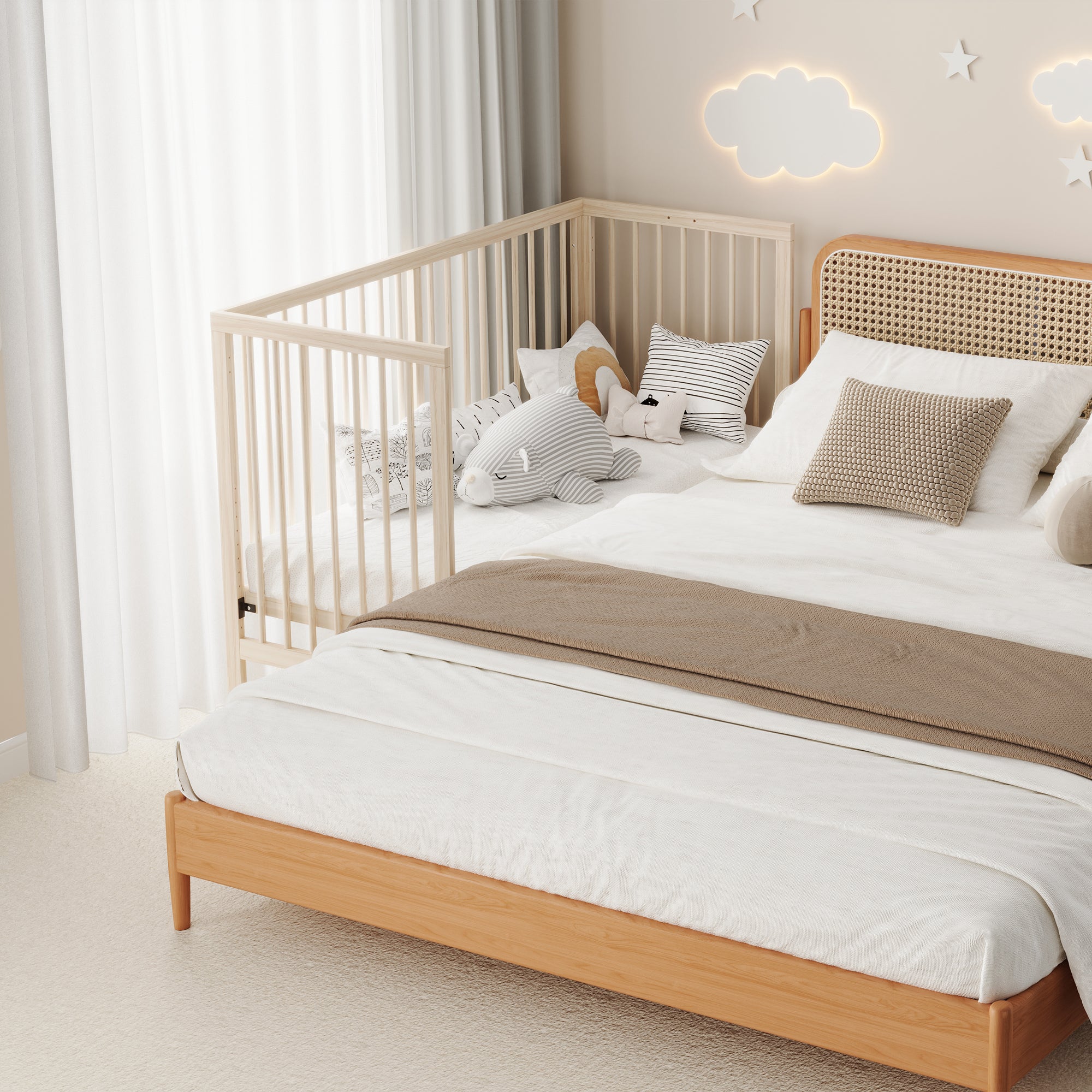 Wooden Baby Bed, Multifunctional Convertible Side Bed/Desk, Spruce, Natural Color