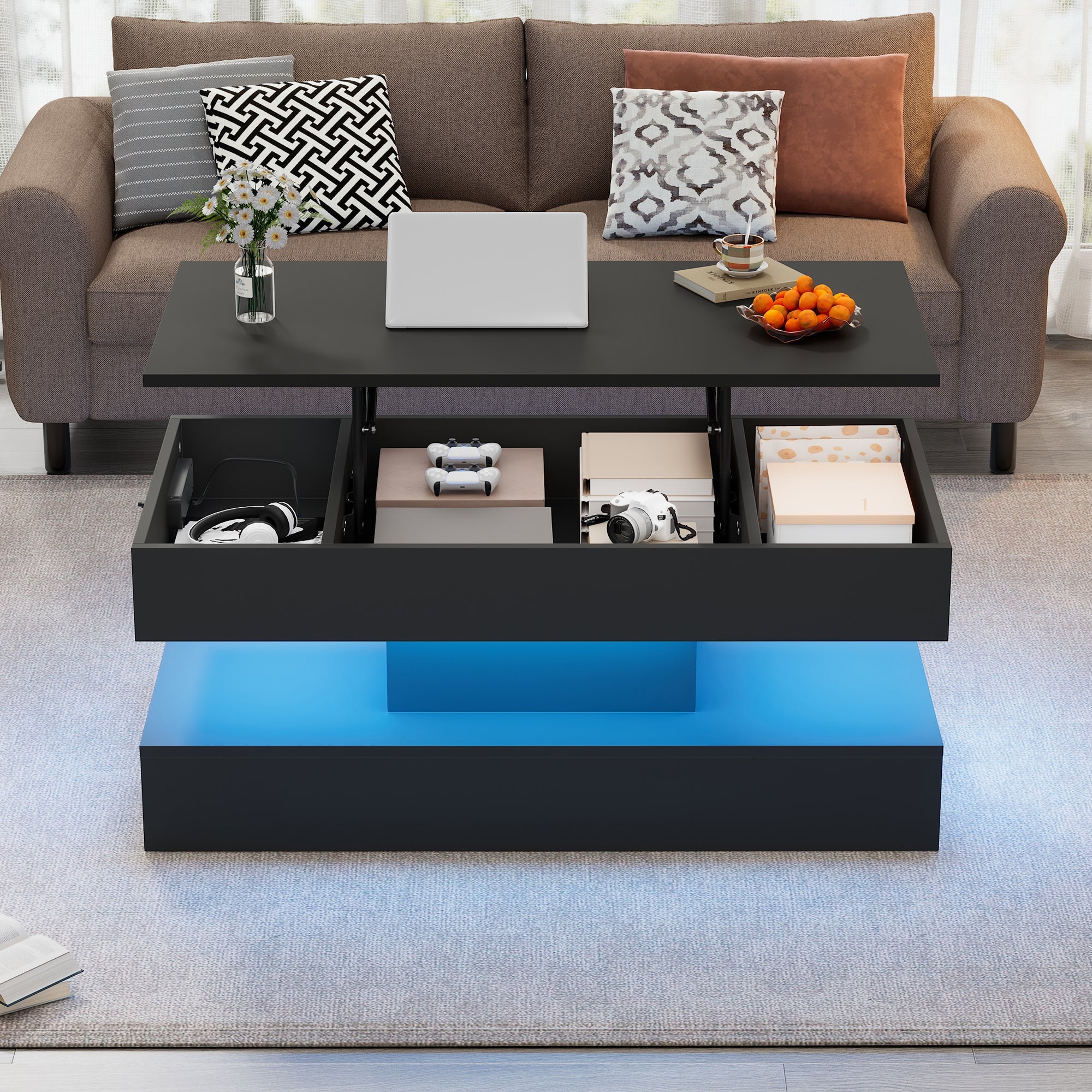 Modern Coffee Table with LED Lighting, Hidden Storage & Hydraulic Lift