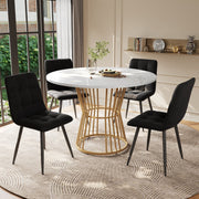 Dining Table Set (5-Piece) Round 100cm Table Gold Metal Legs White MDF Black Velvet Chairs