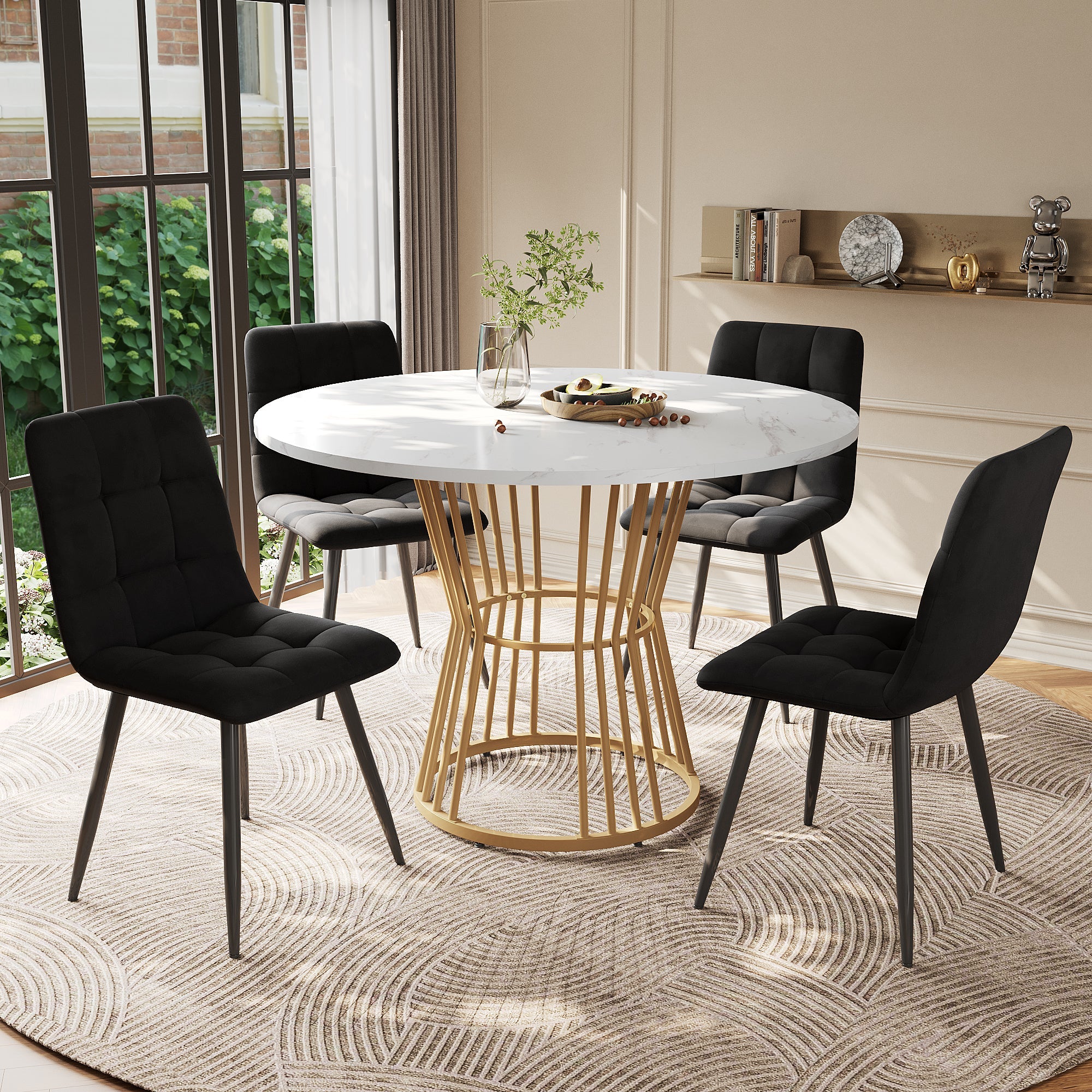 Dining Table Set (5-Piece) Round 100cm Table Gold Metal Legs White MDF Black Velvet Chairs