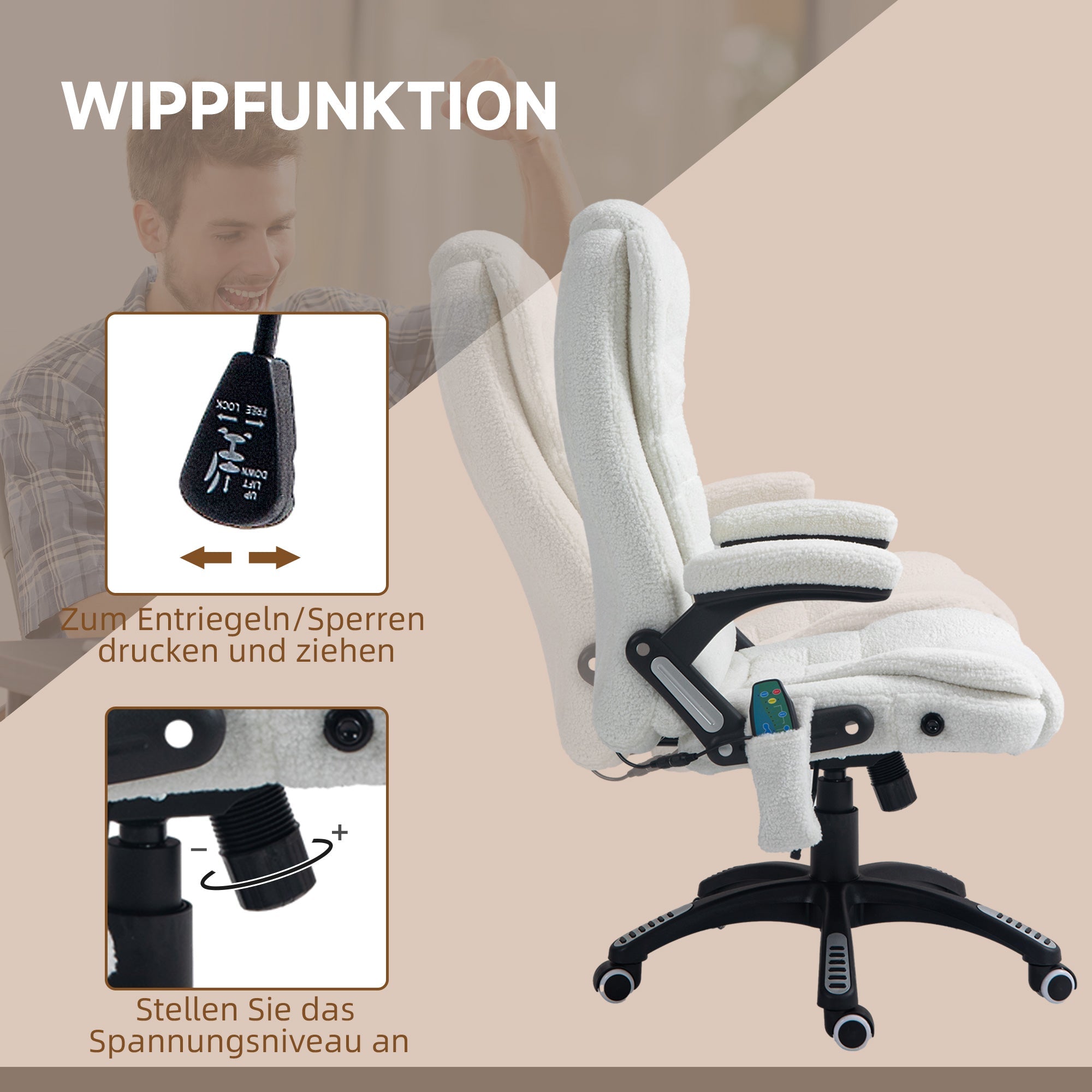 Massage Office Chair, Height Adjustable Rocking Heating Reclining Footrest, Teddy Velvet White