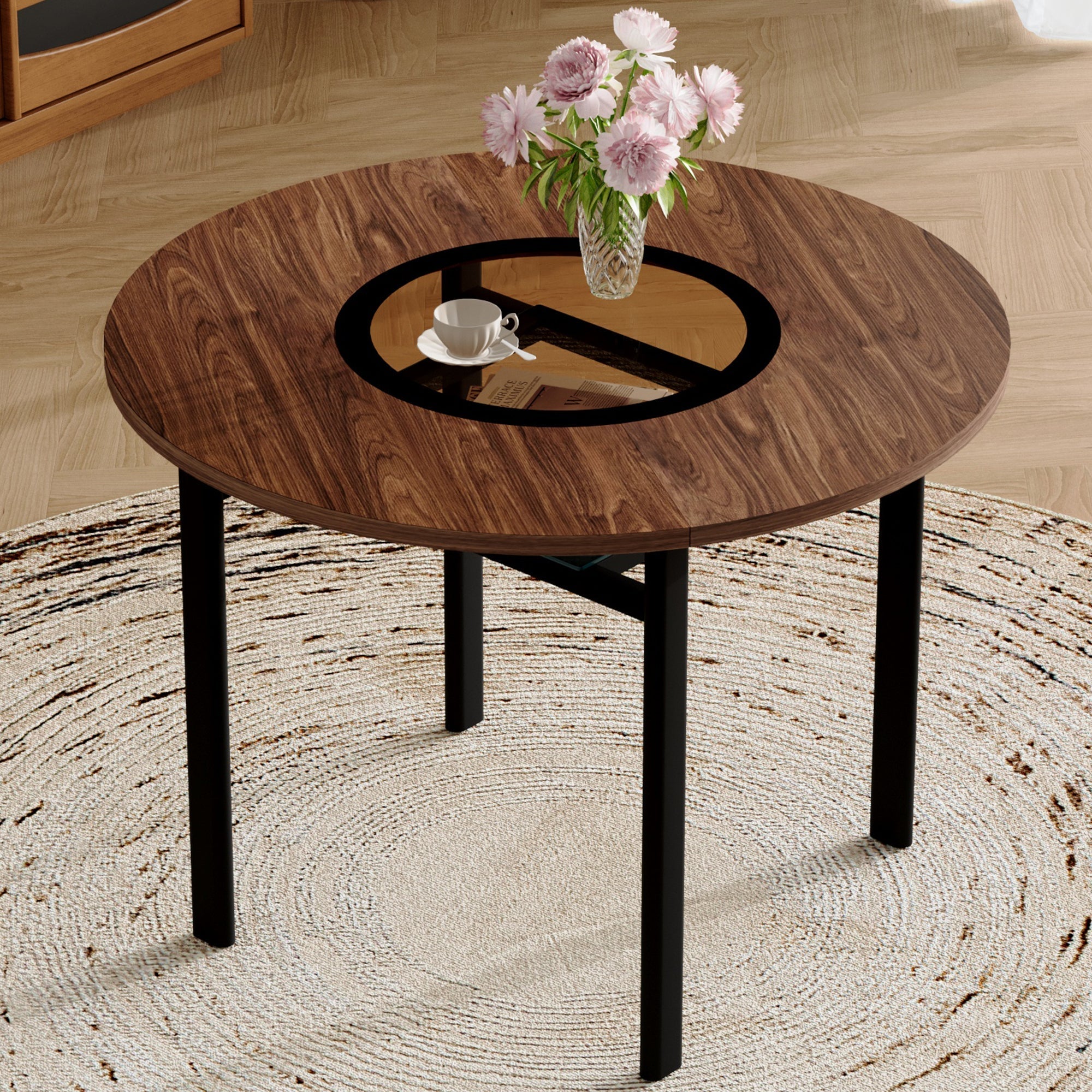 Round Table 100cm Modern Minimalist 2-4 Seater Glass Top Brown Wood Pattern