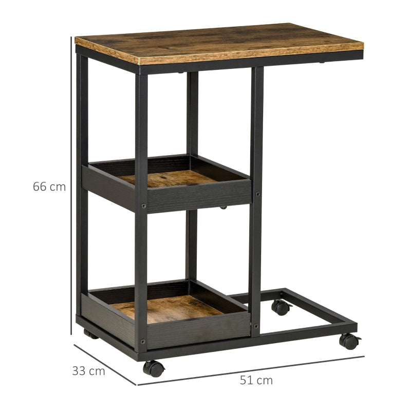 Industrial Mobile Side Table, C-Shaped, 3-Tier Storage, Rolling, Steel Frame - Brown