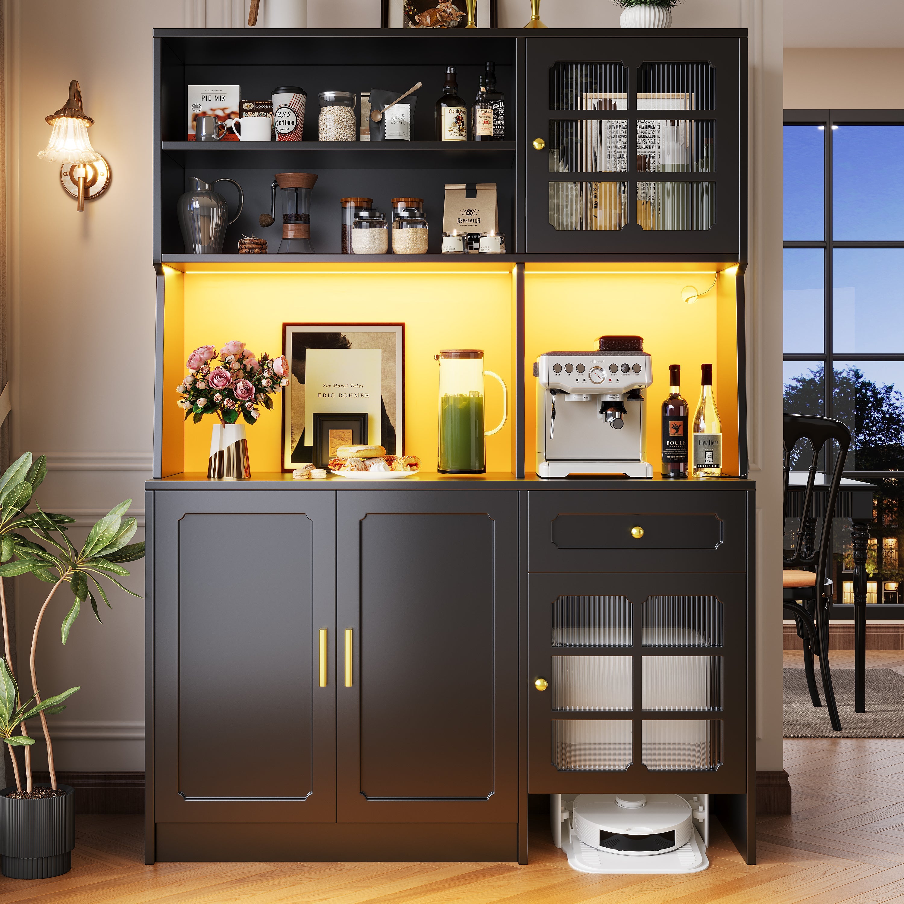 Tall Kitchen Cabinet Sideboard with Glass Doors and LED Lighting, Black