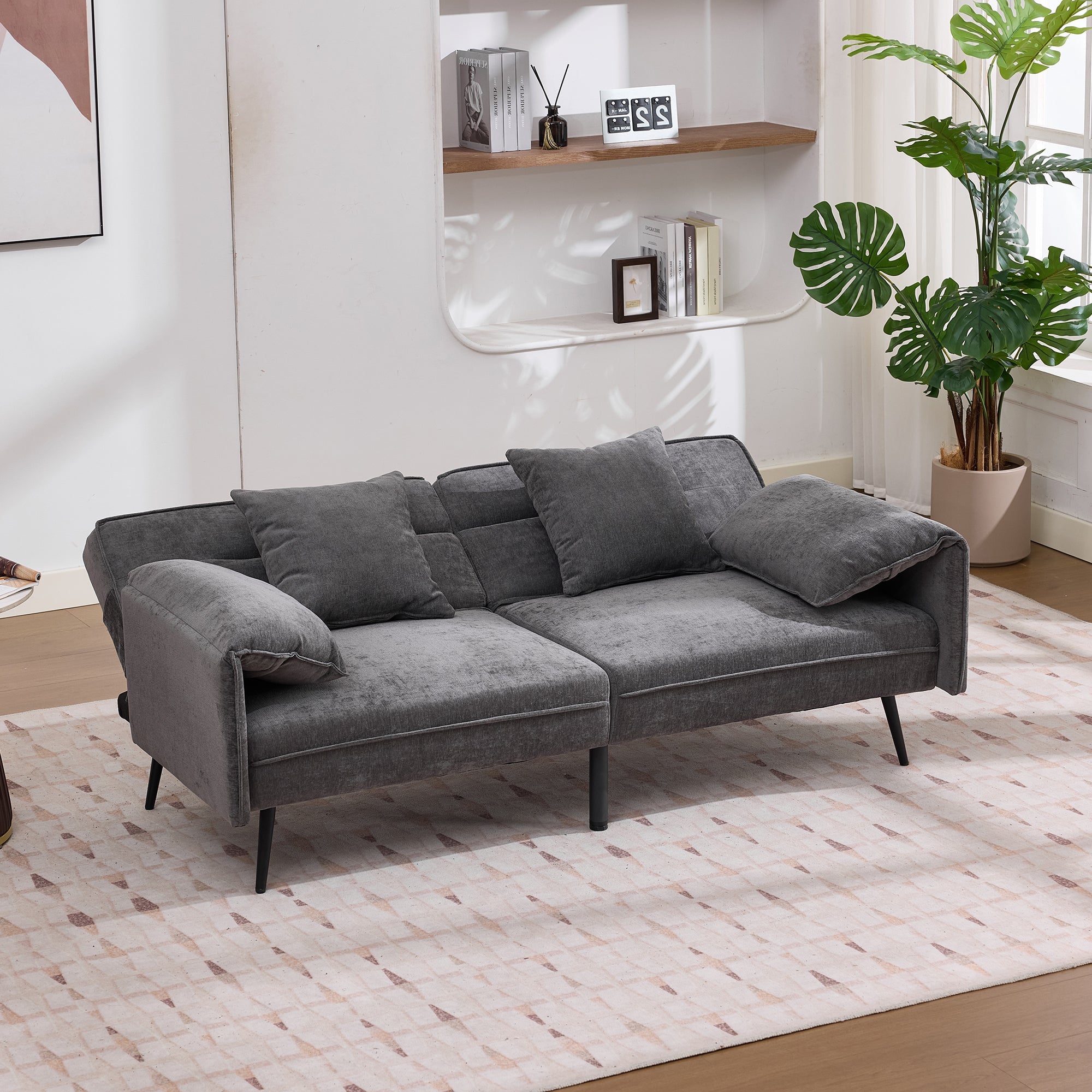 2-Seater Sleeper Sofa with 3-Position Adjustable Backrest and Soft Cushions, Grey