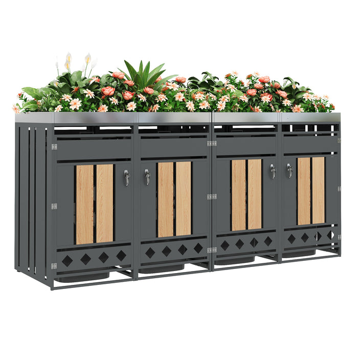 Garbage Can Enclosure with Four Doors, Diamond-Shaped Ventilation and Planting Area, Wood Grain Finish