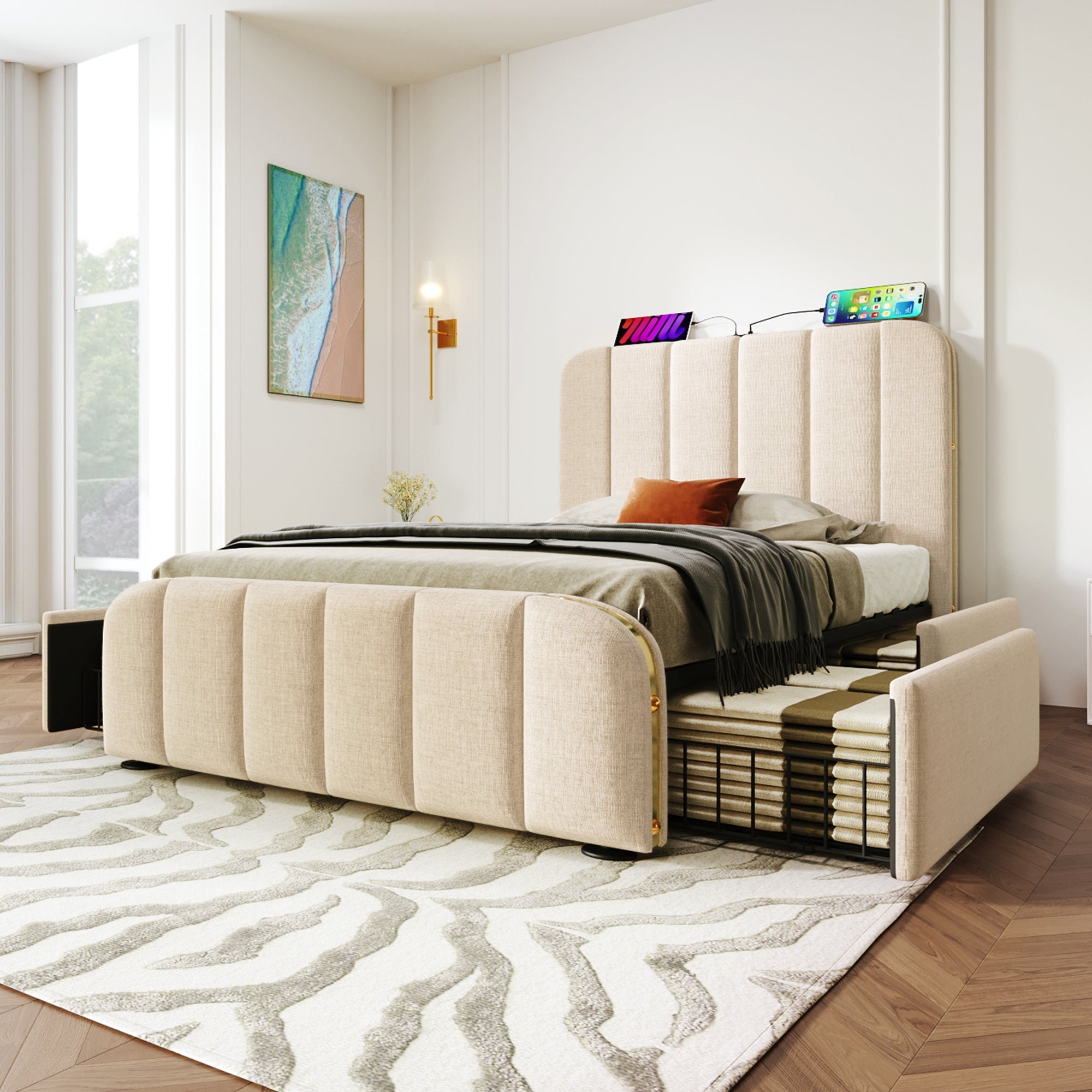Upholstered Single Bed, USB Type-C Charging, 90x200cm, 4 Drawers, Beige Linen