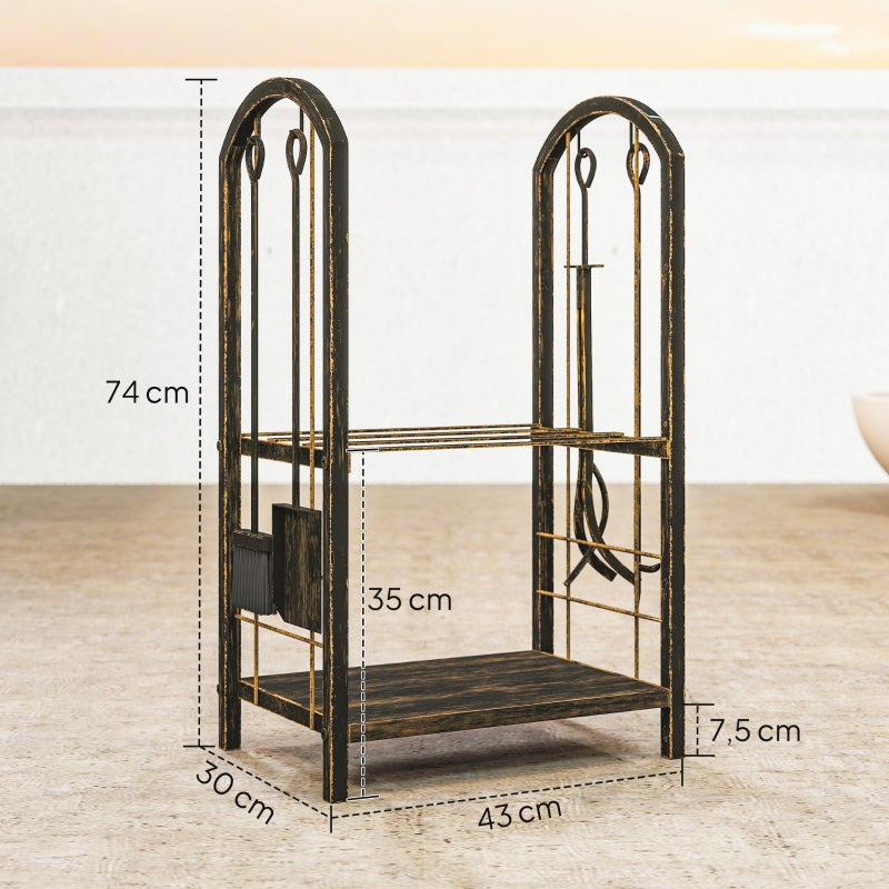 Indoor Firewood Rack, 2-Tier with 4 Fireplace Tools and Hooks, Metal