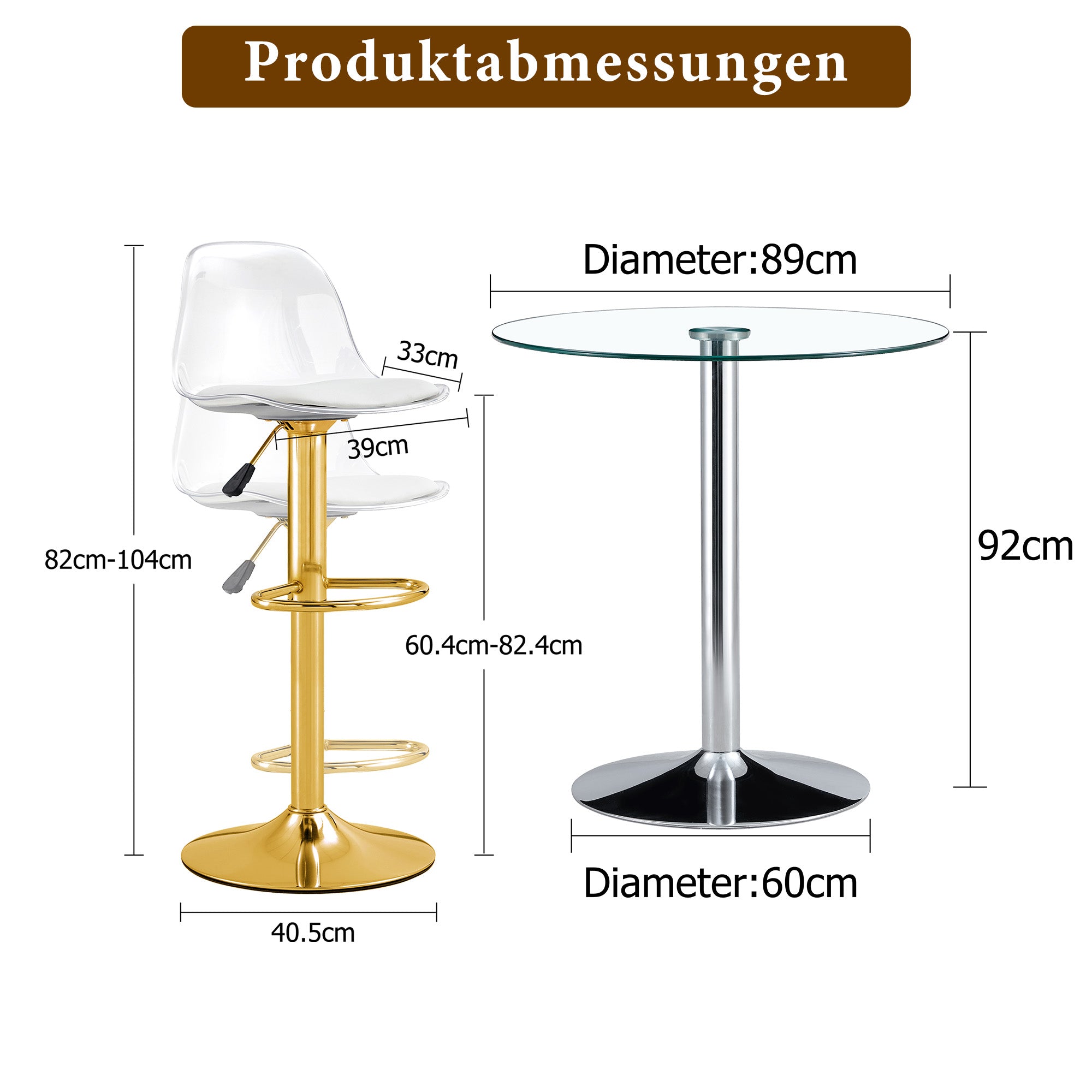 Bar Set Glass Table & 2 Stools Adjustable Swivel - Gold Legs