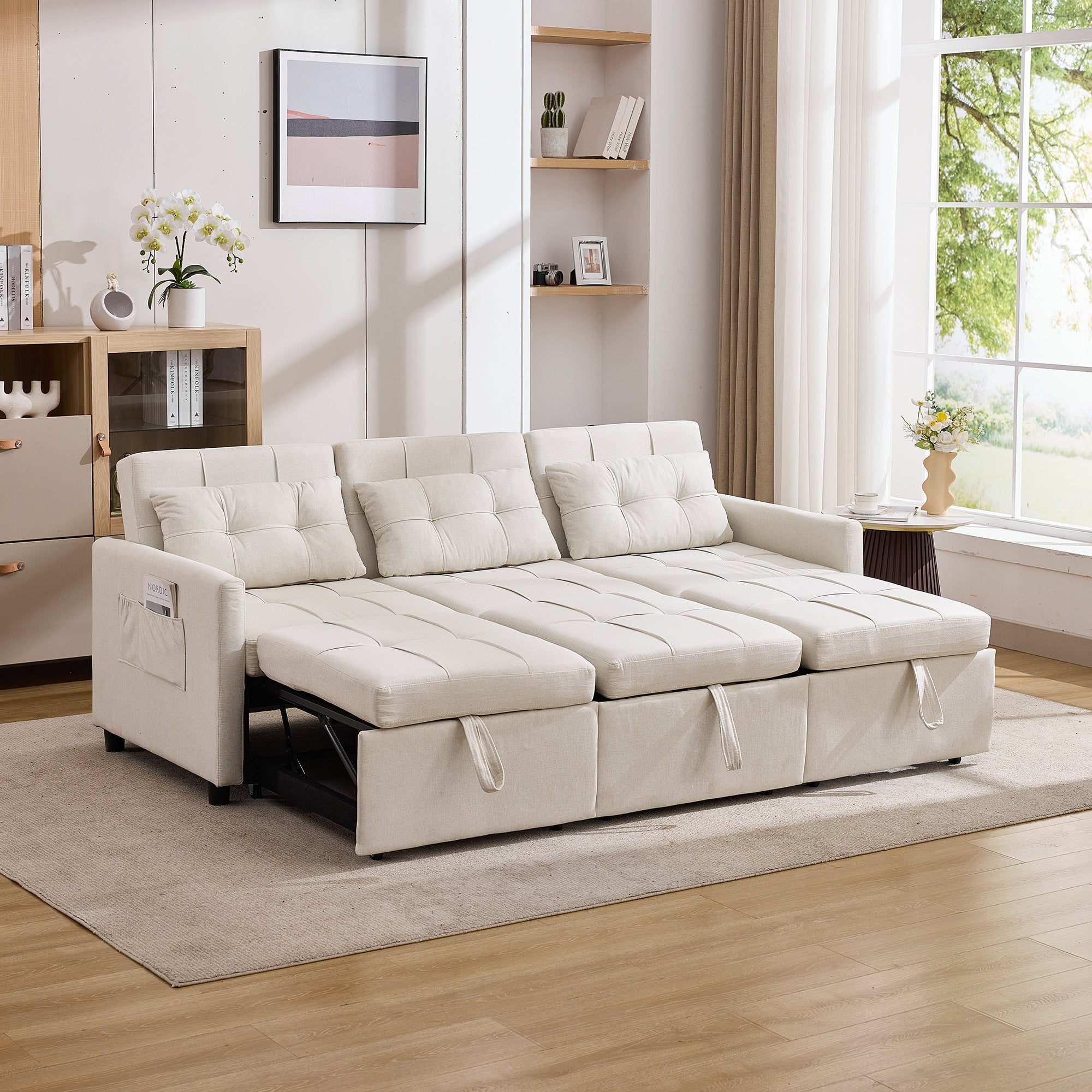 3-Seater Sofa Bed Adjustable Back Storage L-Shape - Beige