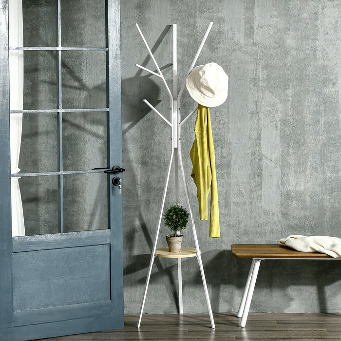 Freestanding Coat Rack Stand 9 Hooks 1 Shelf Metal White
