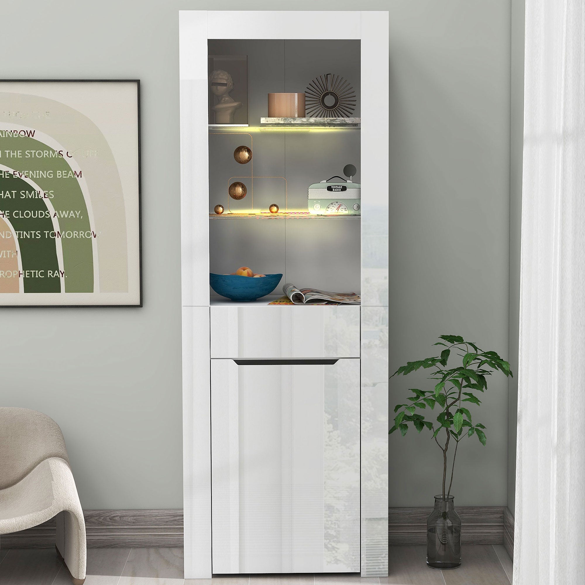 Display Cabinet with App LED Lights and Shelves, White