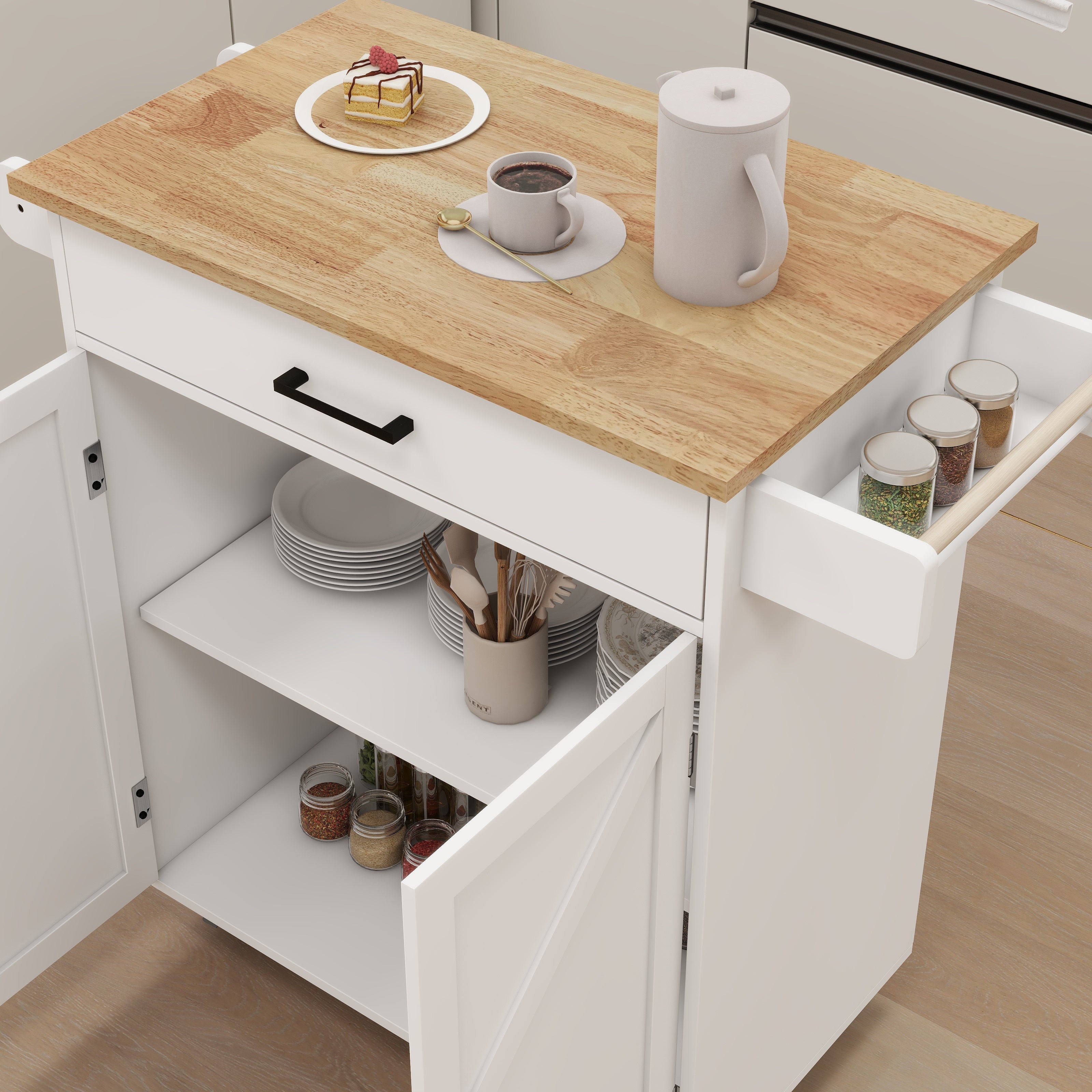 Kitchen Island Trolley Cart with Adjustable Shelves, Towel/Seasoning Racks - Rubber Wood, White