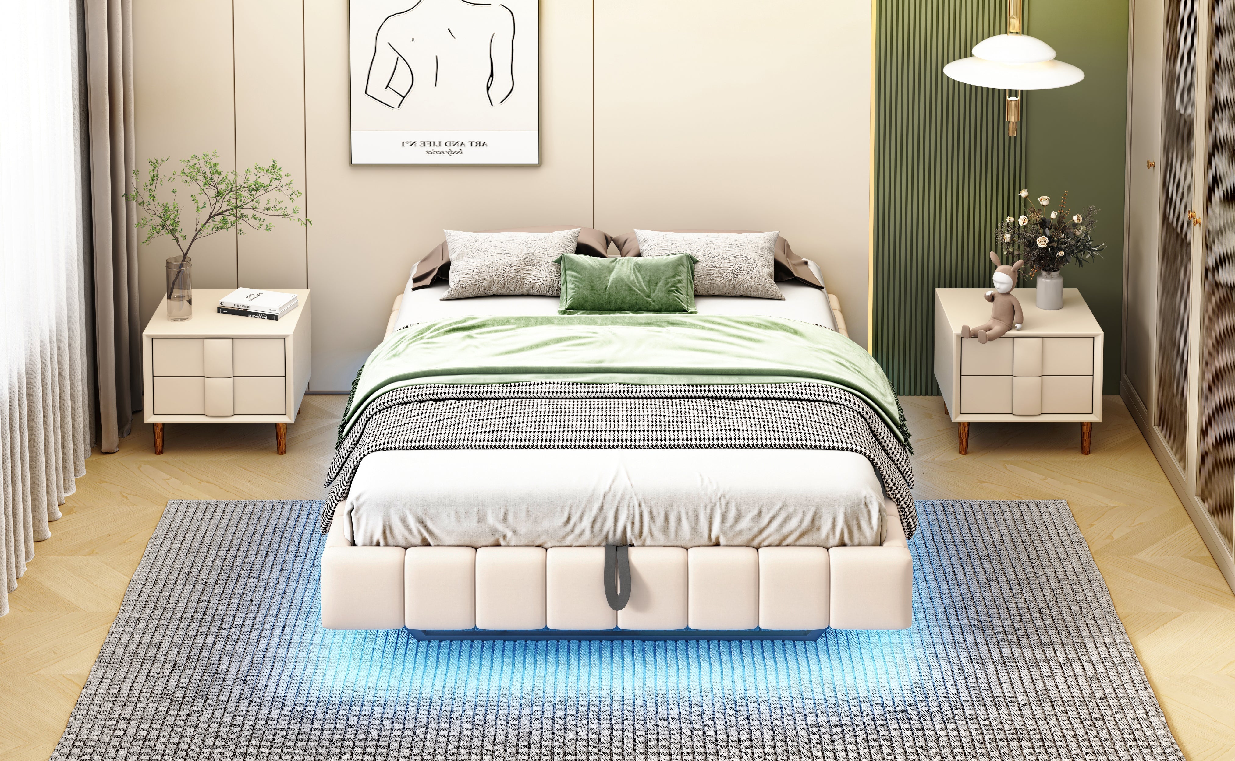 Upholstered Bed 140x200cm Floating Hydraulic Storage LED Light, Linen Beige