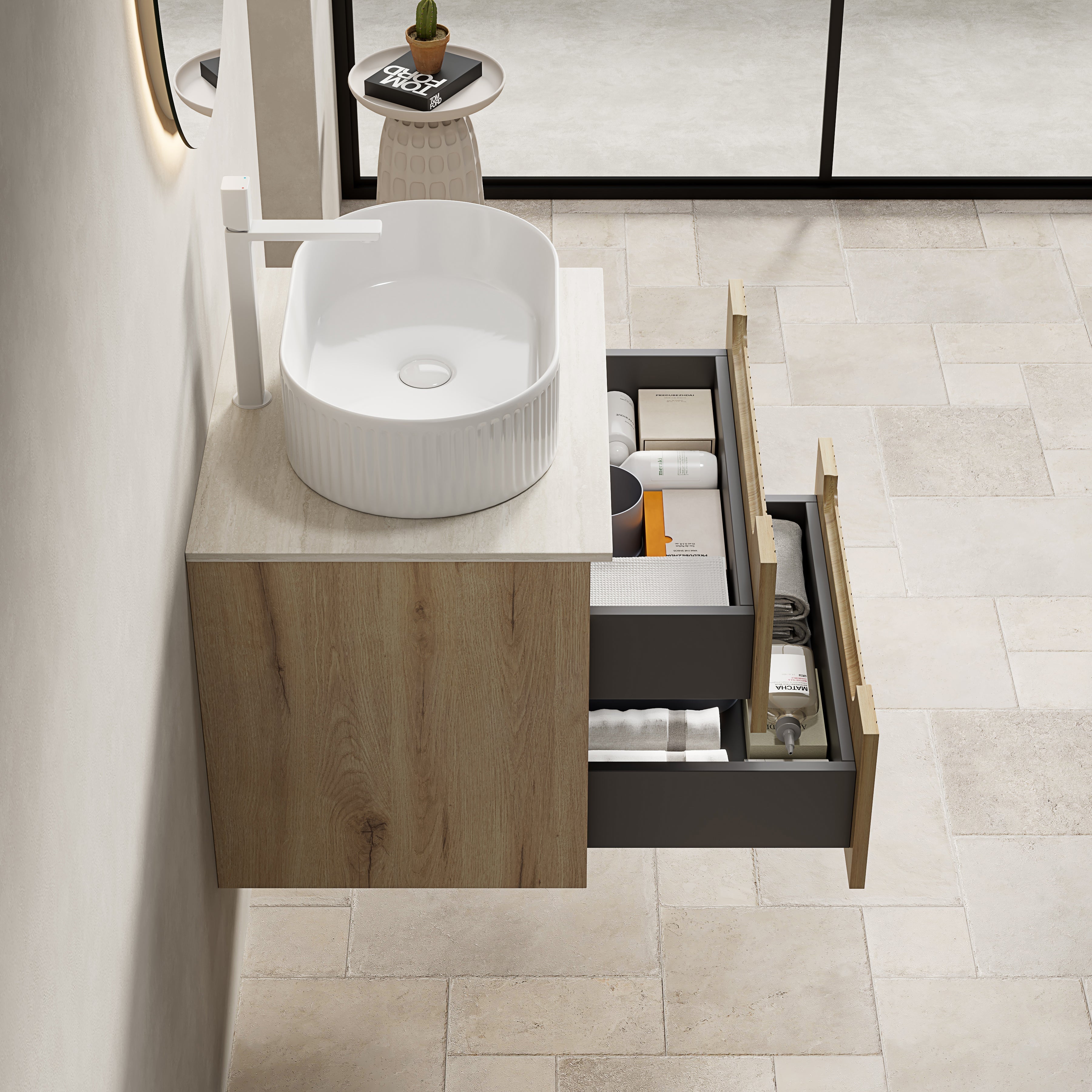 60cm Floating Vanity Oval Sink Sintered Stone Top 2 Drawers - White Oak