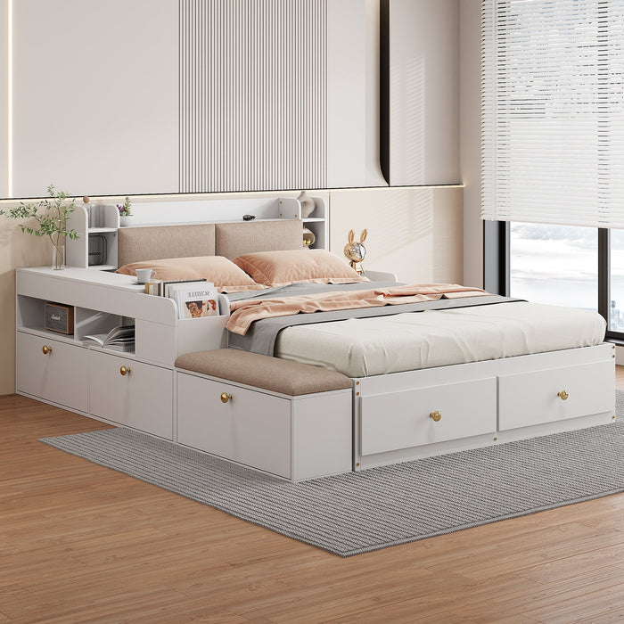 Combo Bed 140*200cm, Storage Headboard with Drawers & Sofa Bench, Solid Wood White