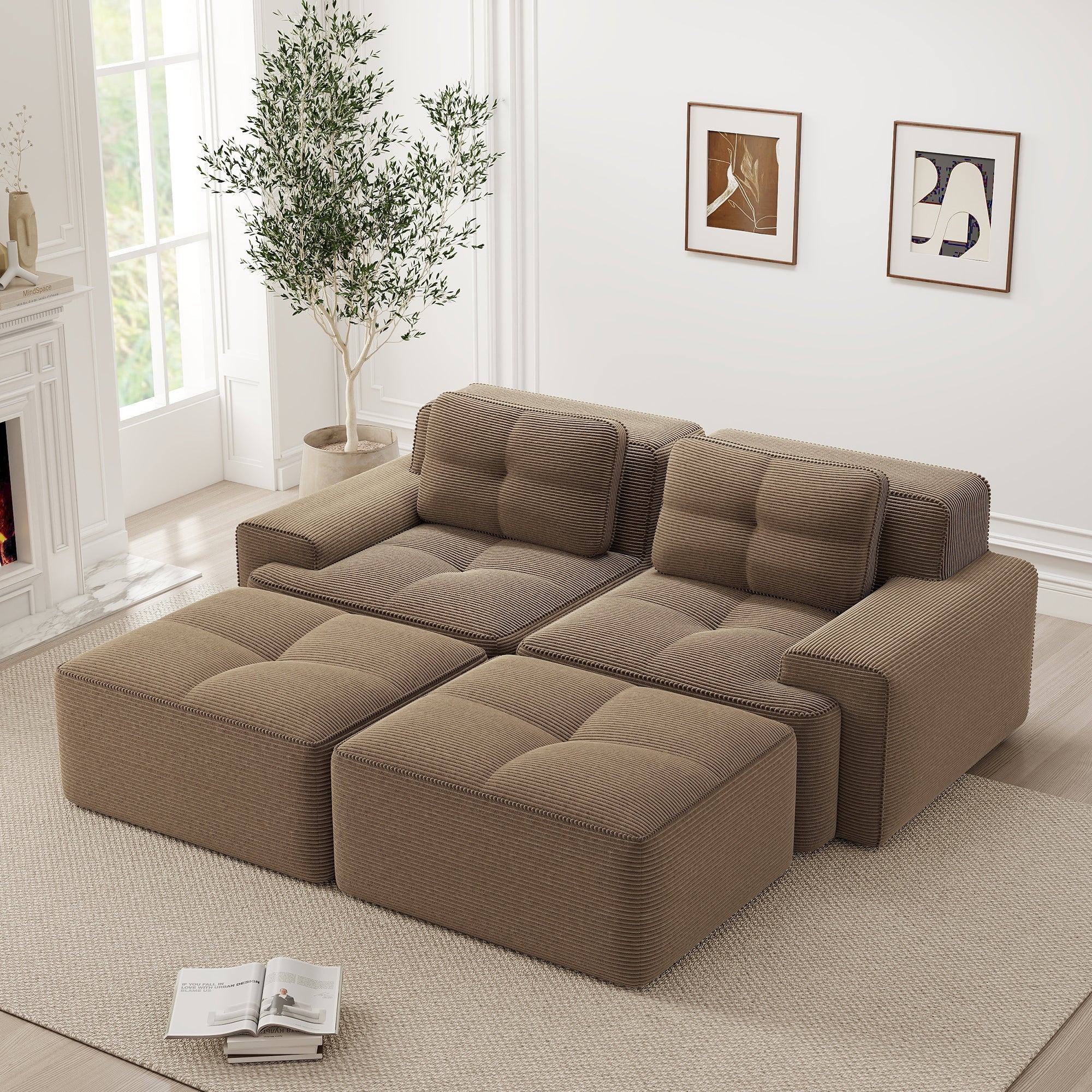 Cloud Modular Sofa U-Shaped Ottoman 2-Seater Deep Seat - Corduroy Brown