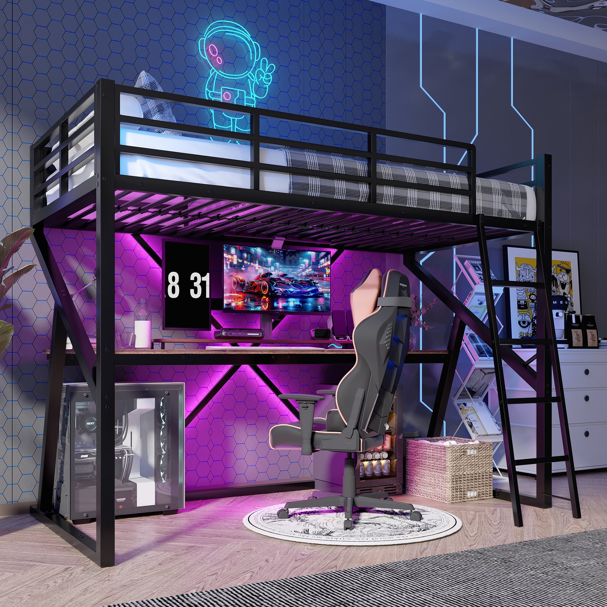 Loft Bed 90x200cm LED Strip Desk Iron Frame Black