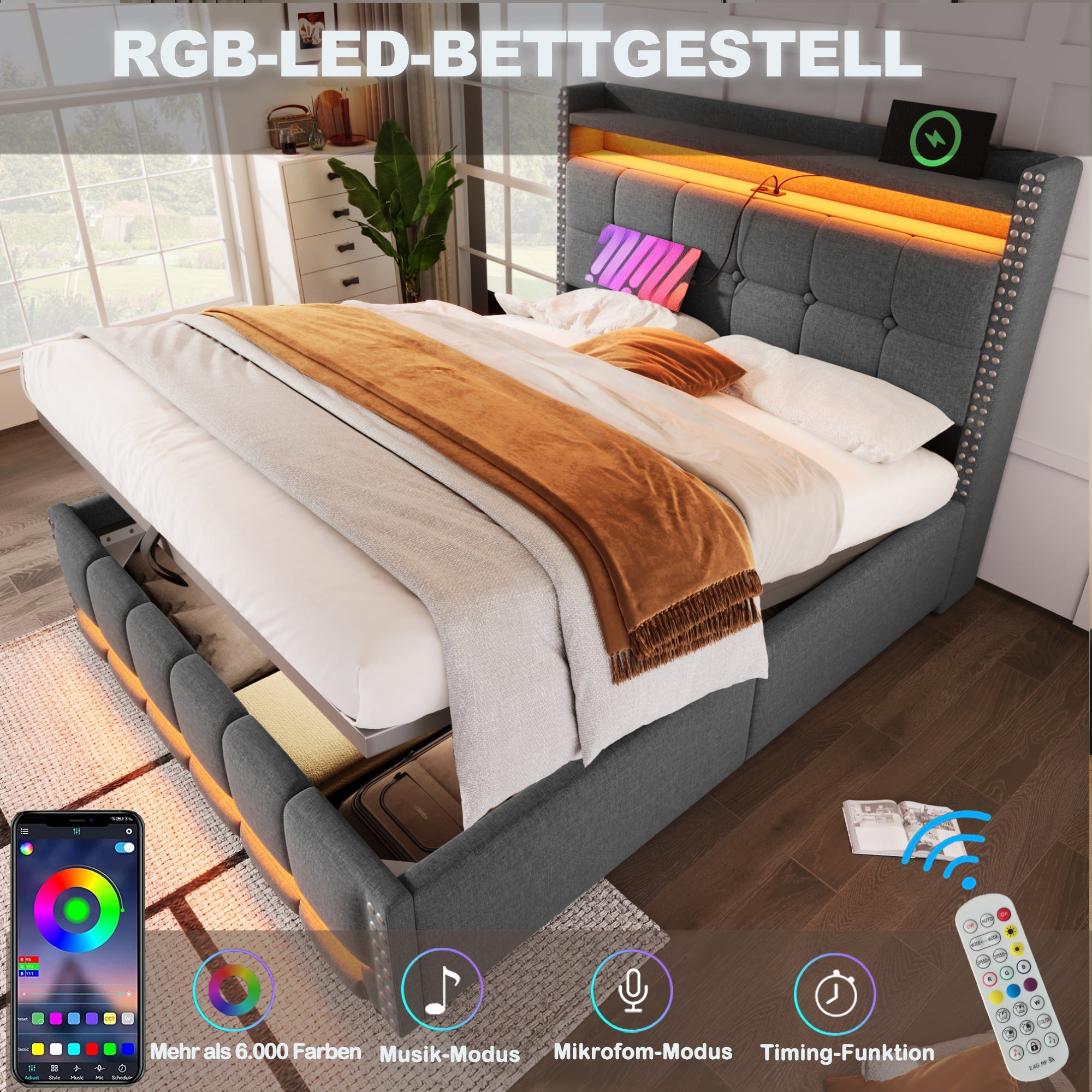 Upholstered Bed 160*200cm, LED & USB, Hydraulic Storage, Linen Fabric Gray