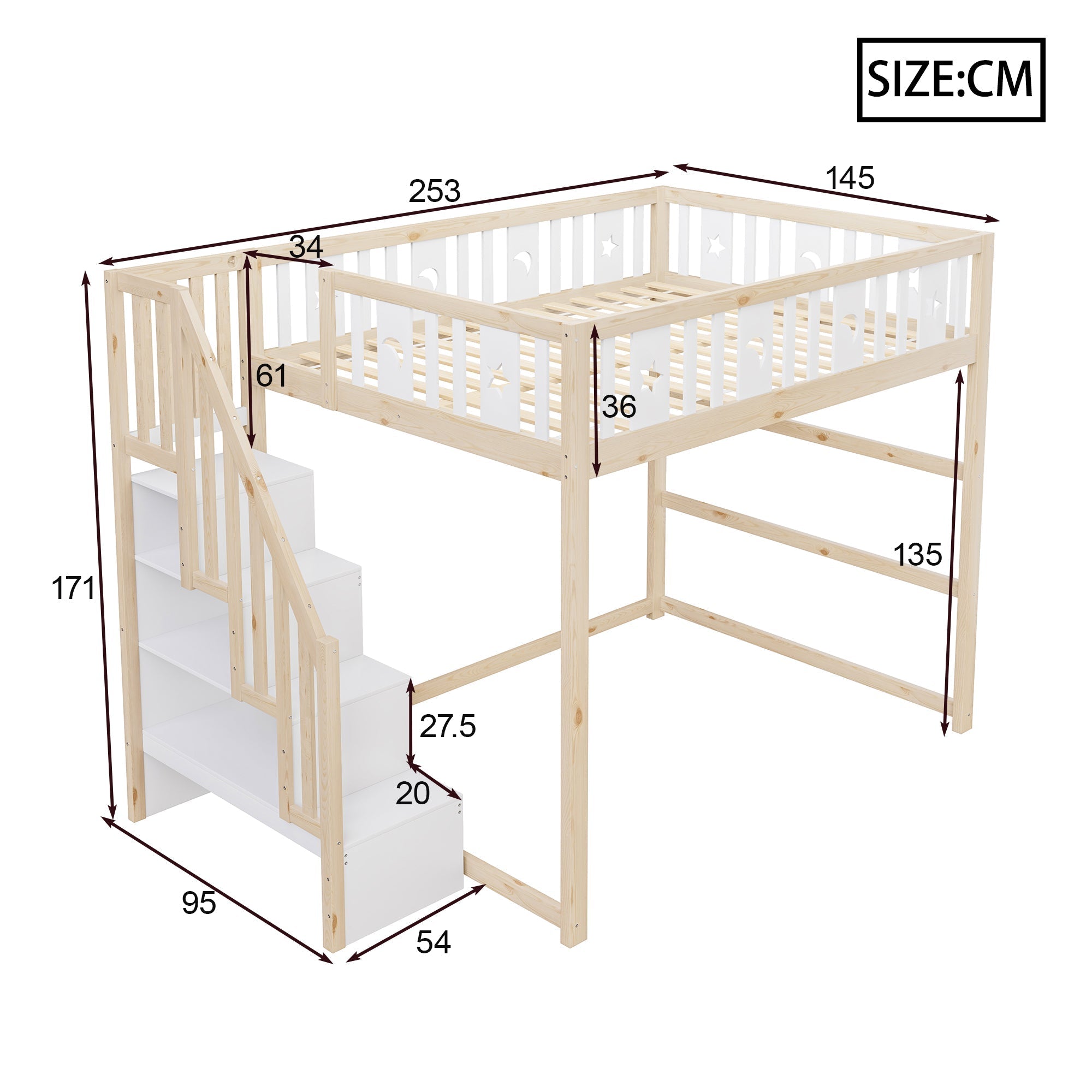 Children's Loft Bed 140x200 with Stairs Safety Railing Star & Moon Decor Solid Wood