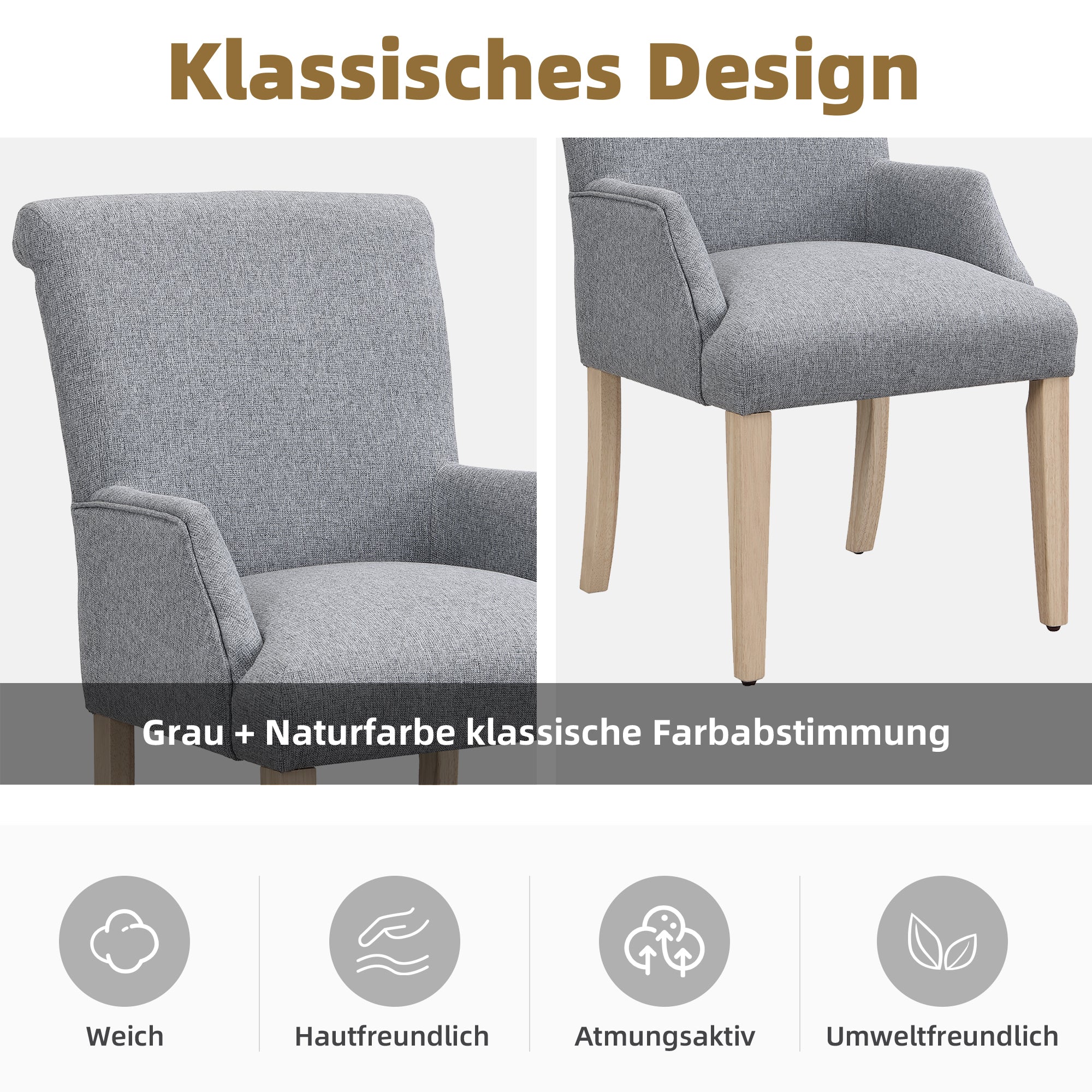 DyFun Dining Chairs Set of 2 with Armrests and Solid Wood Legs, Gray Linen