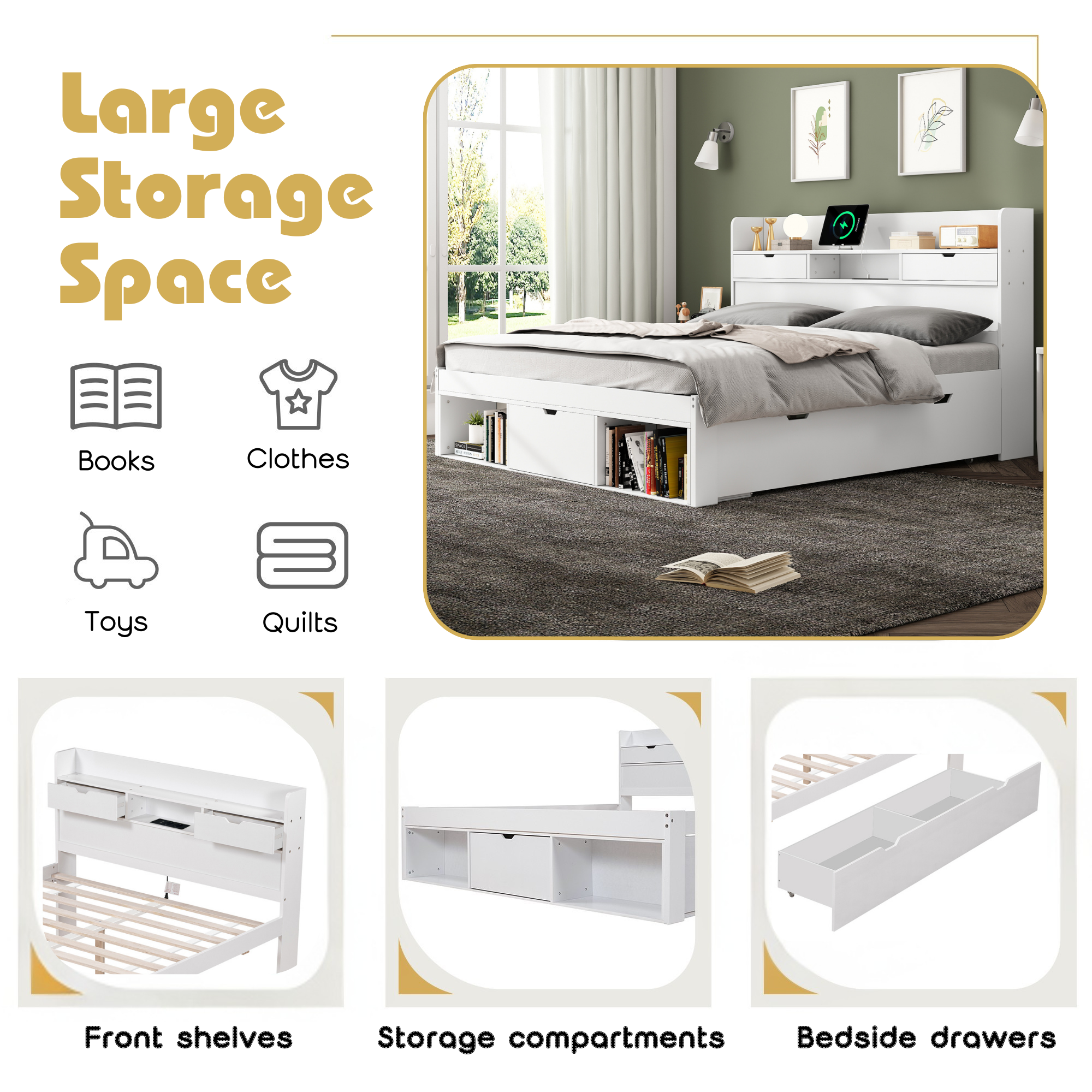 Children's Bed Single Daybed 3FT with USB Port Drawers Storage Cabinet, White
