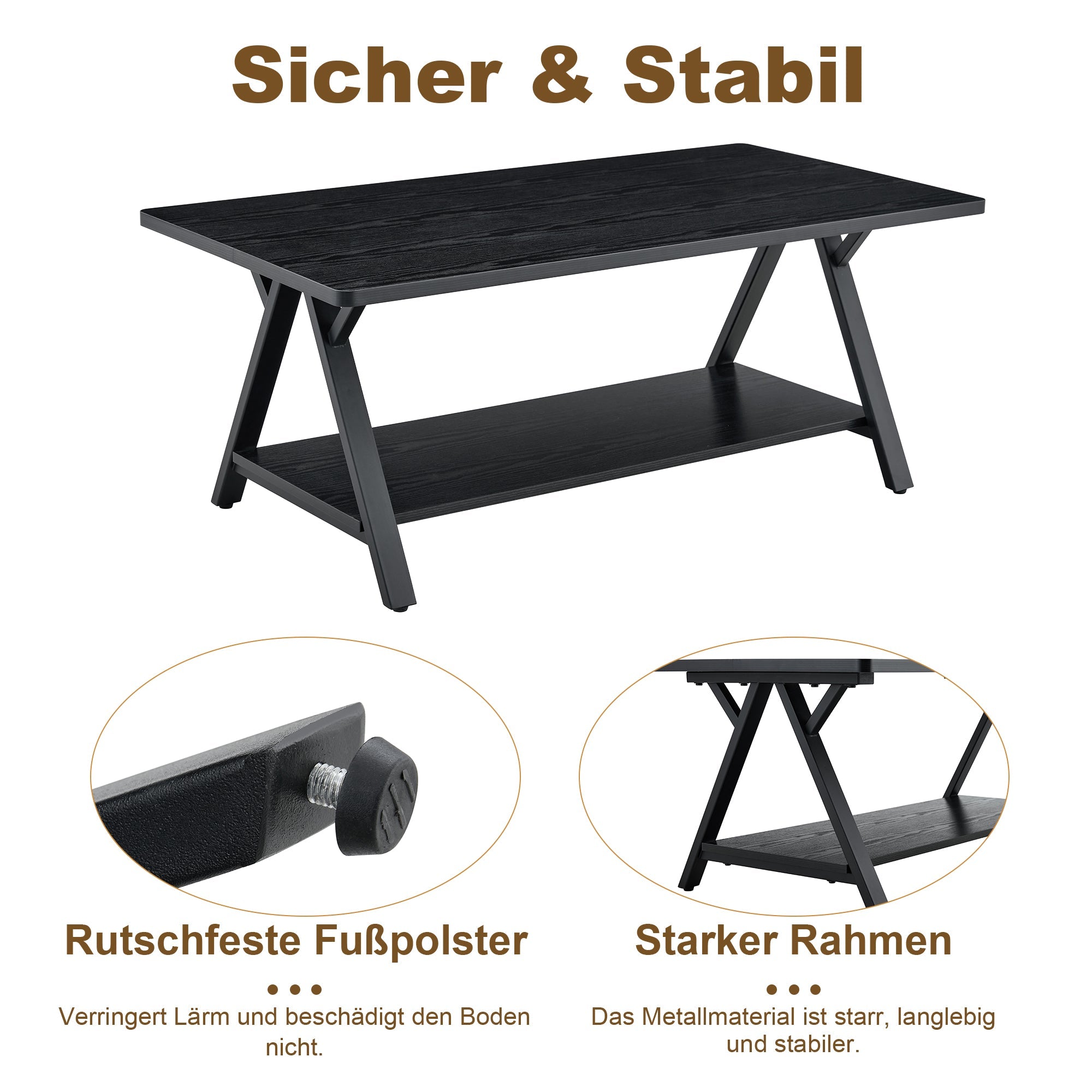 Modern Industrial Coffee Table with Storage Shelf and Metal Frame, 110x57x44.5cm, Black Wood Grain
