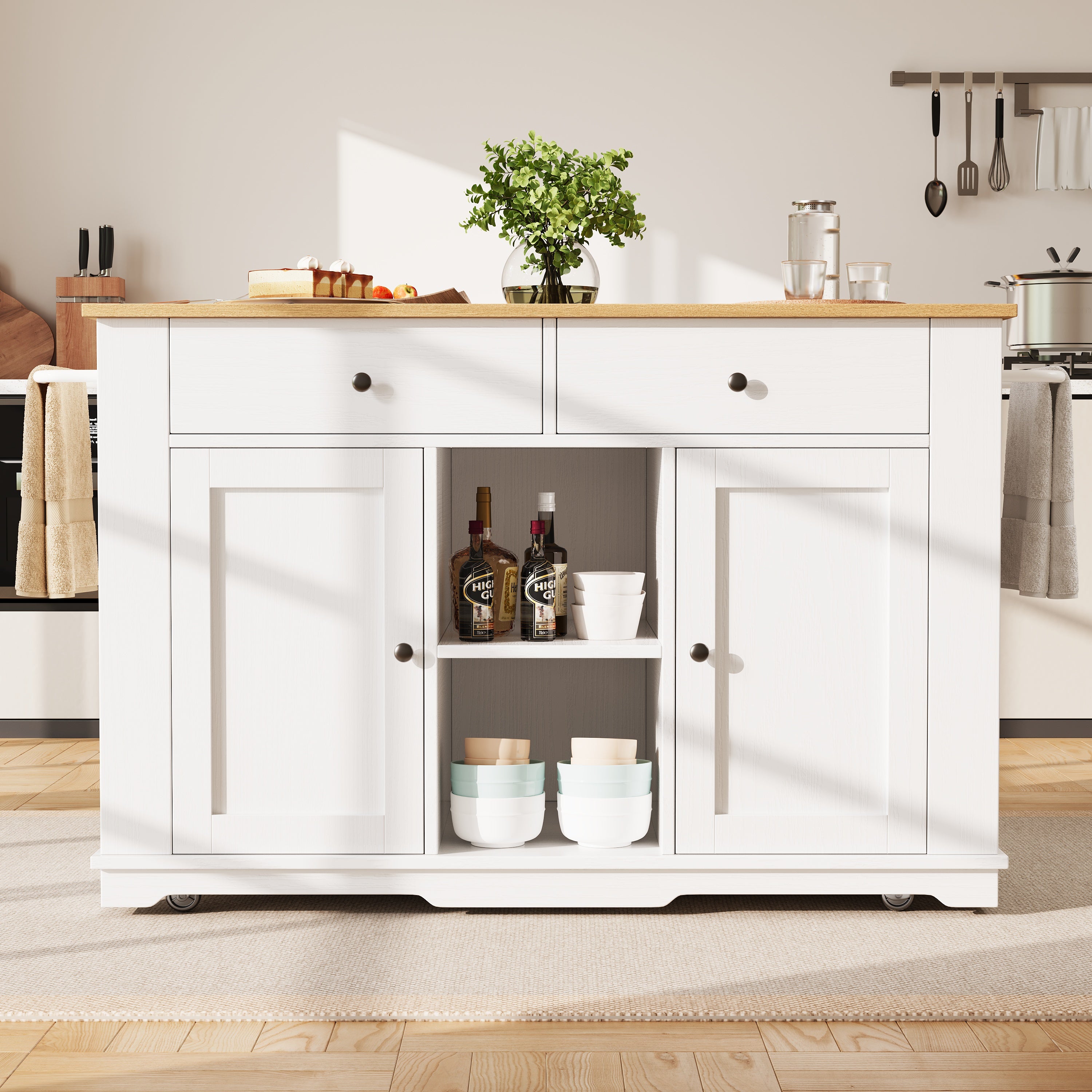 Kitchen Island with Power Strip and Wood Grain, White