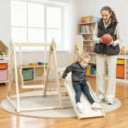 5-in-1 Indoor Climbing Frame with Slide, Swing and Basketball Hoop, Natural Wood