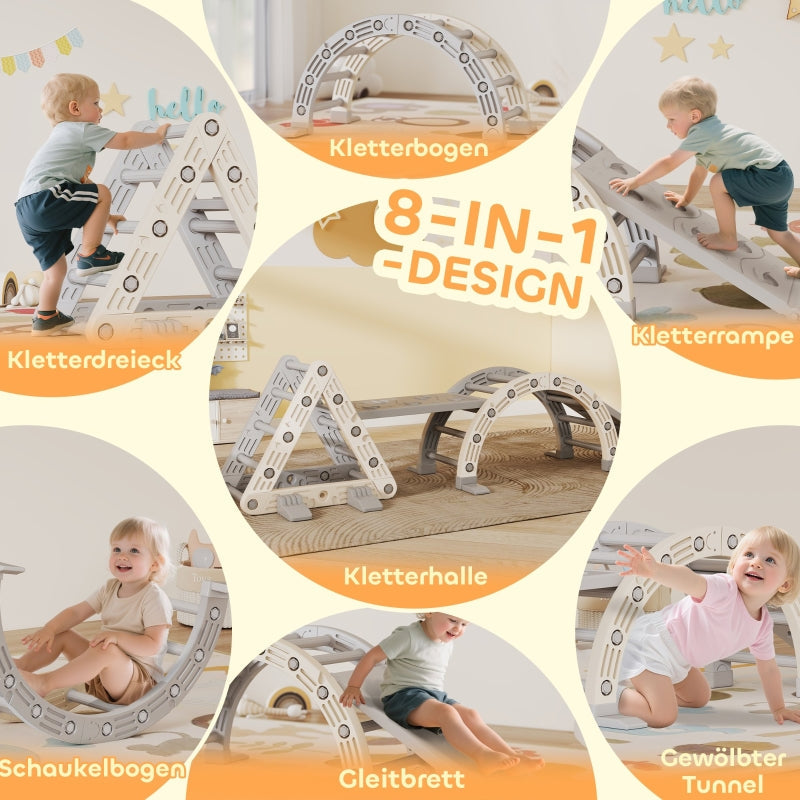 Indoor Climbing Frame 5-in-1 Triangle with Slide and Arch, Grey and White