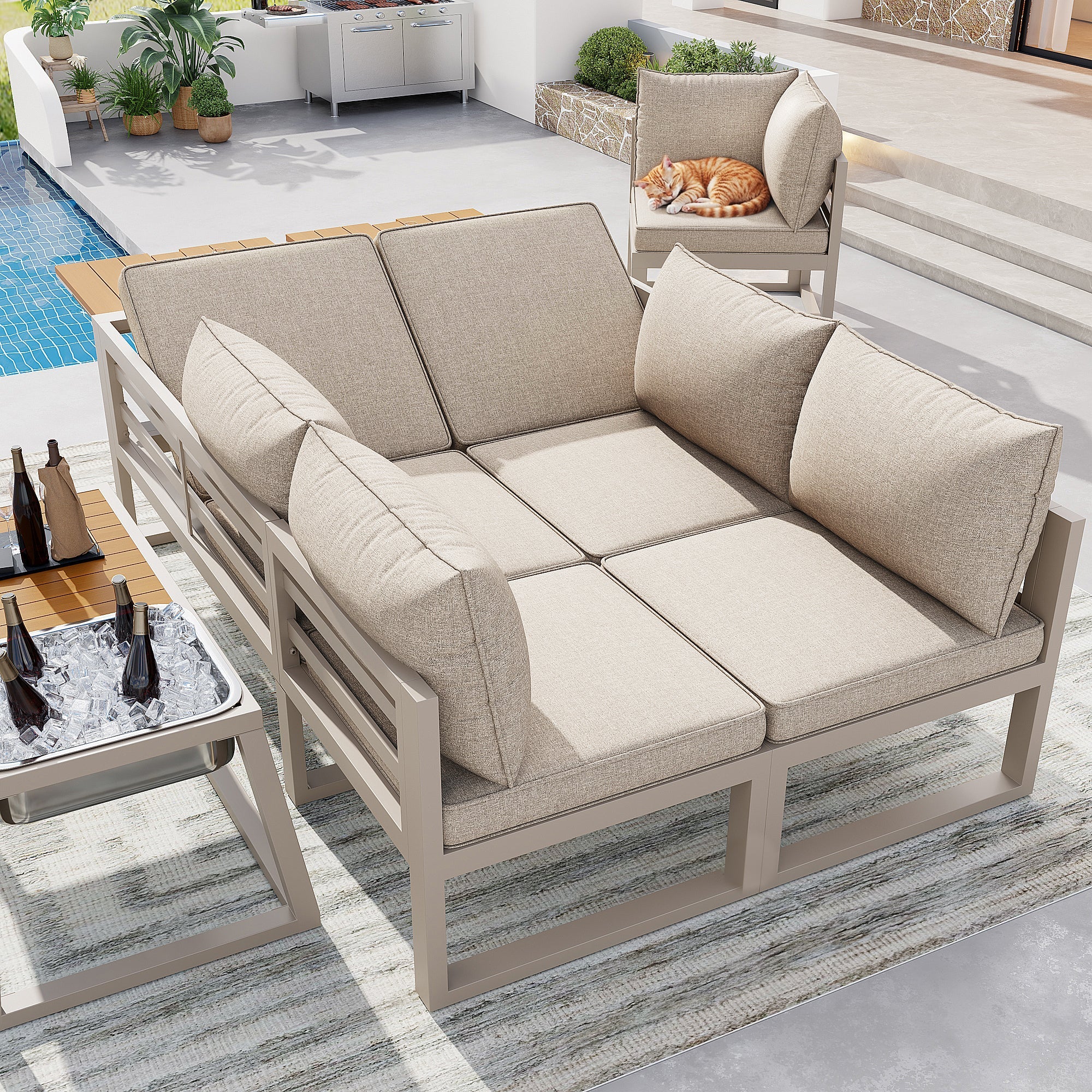 Modular Outdoor Sofa Set with Adjustable Backrest, Fold-out Armrests and Metal Ice Bucket, Grey/Beige