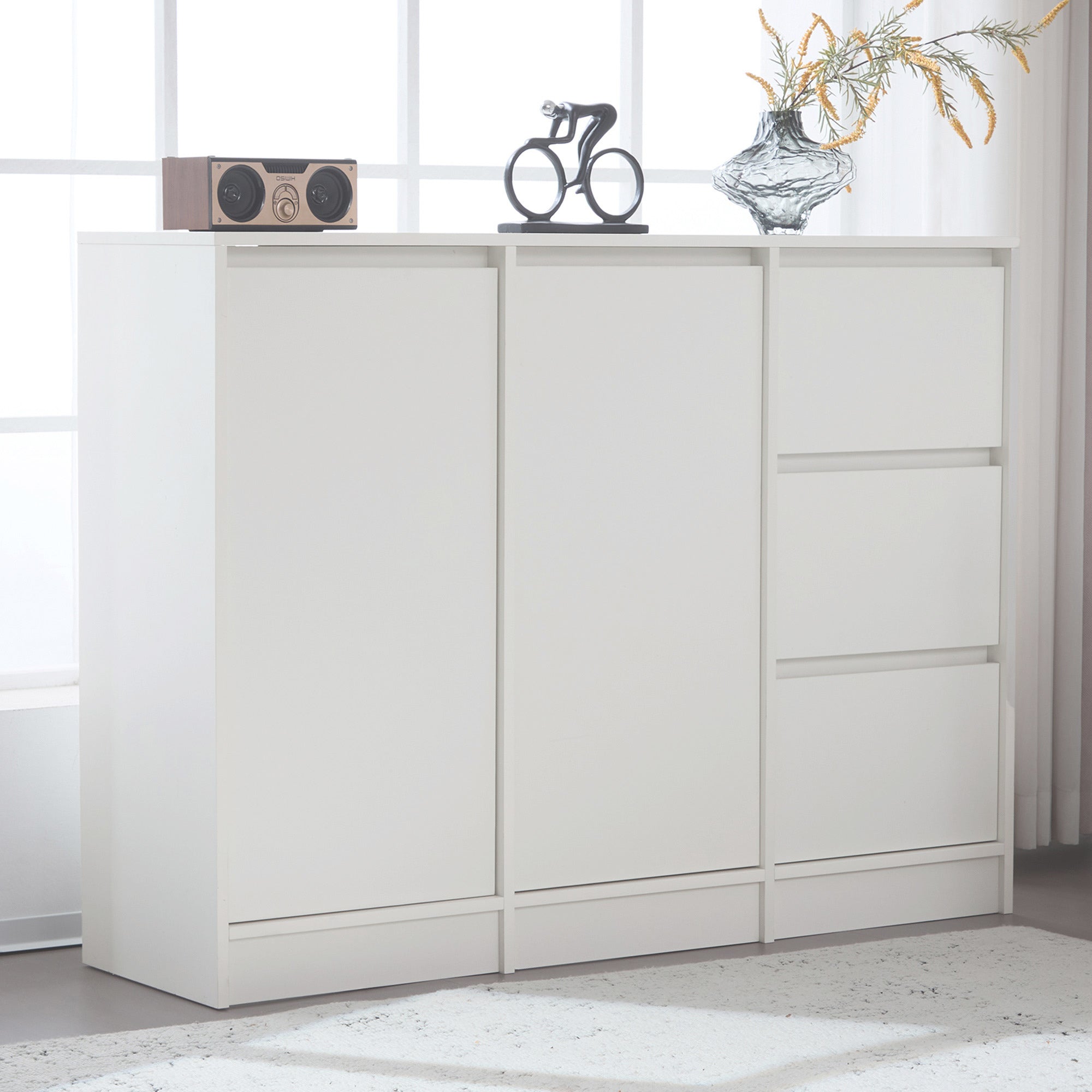 Modern Sideboard Chest of Drawers Shoe Cabinet with Storage, Two Doors, Three Drawers, Adjustable Shelf, White