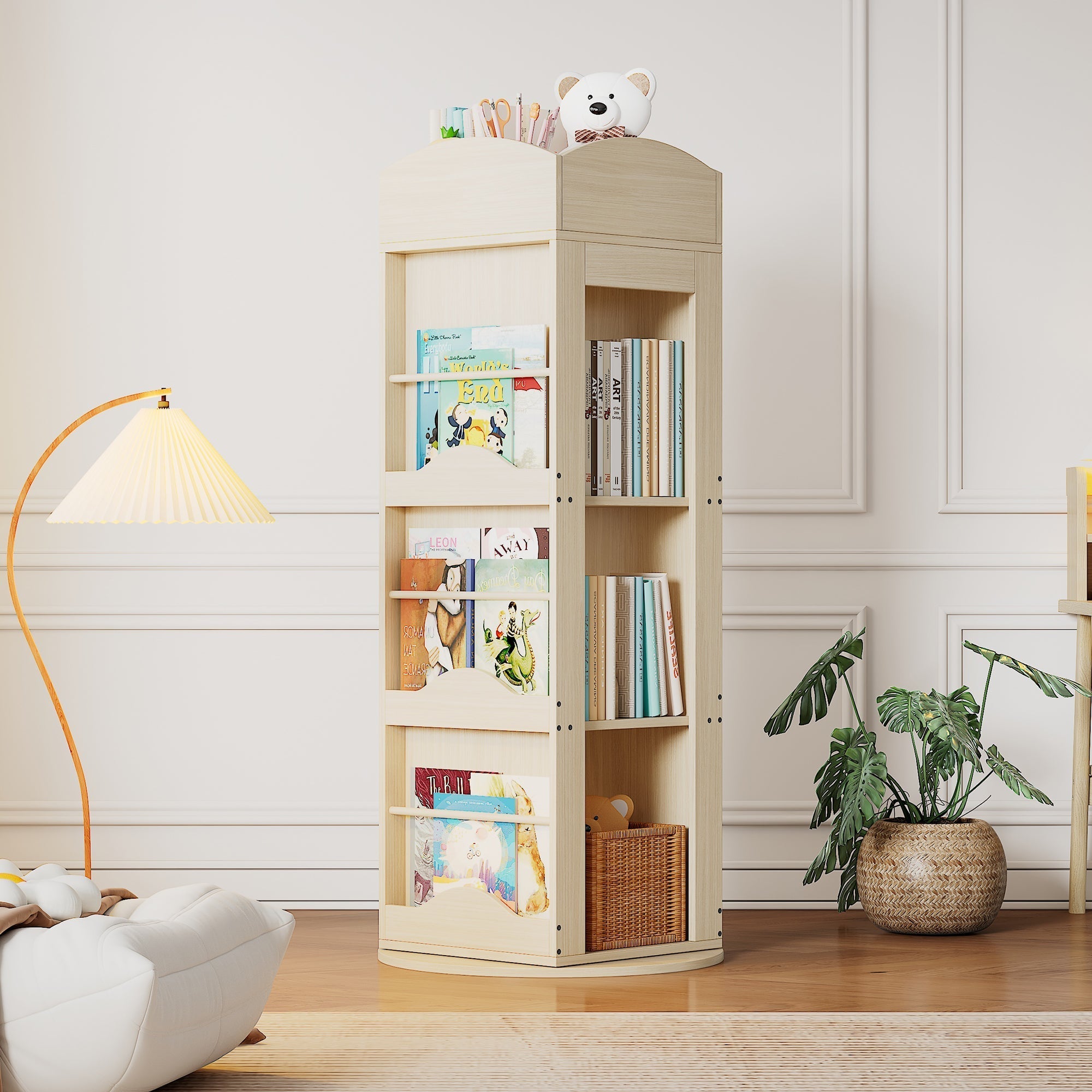 Rotating Bookshelf with 360-Degree Rotation and 4 Shelves, Wood