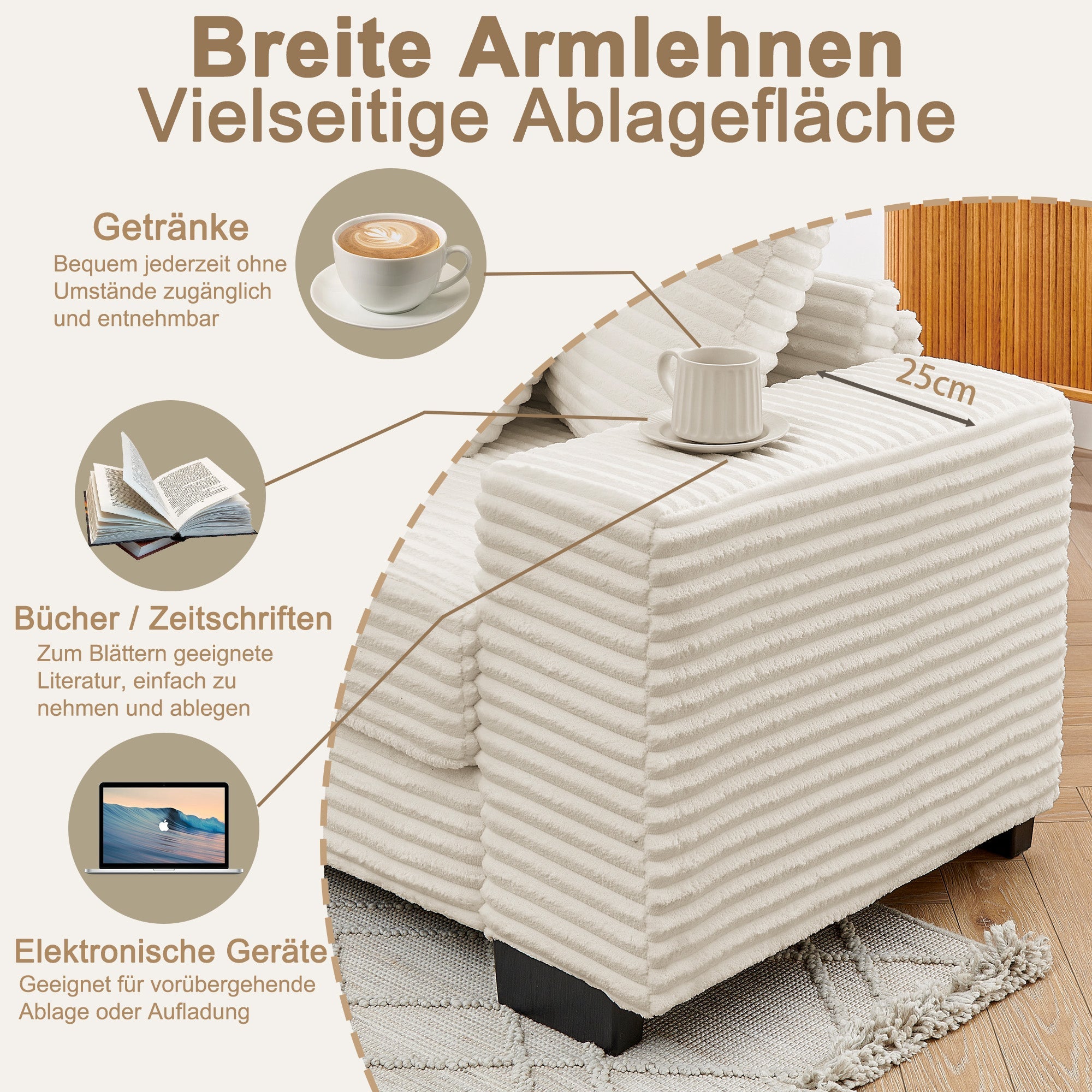 L-shaped Corner Sofa, 4-Seater Modular with 6 Cushions, Beige Corduroy