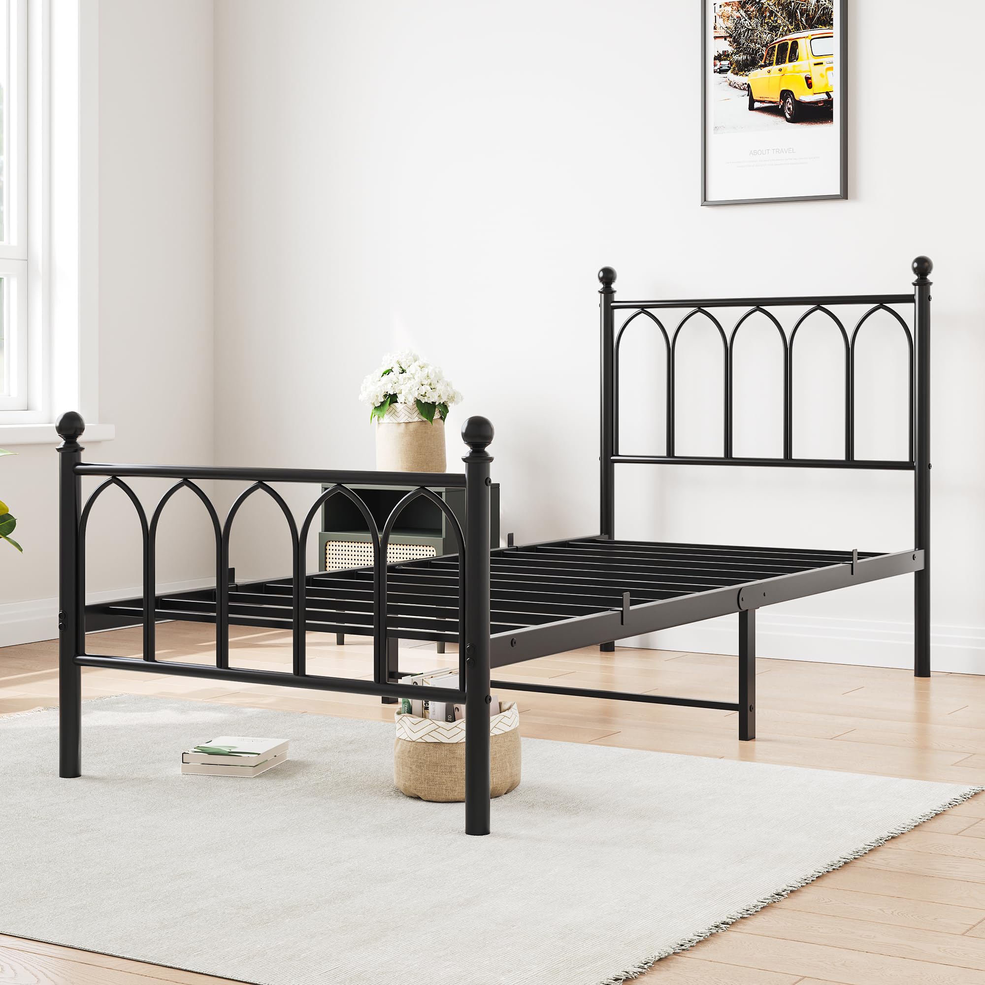 Metal Bed Frame 90x200cm Vintage Headboard Footboard Under-bed Storage - Black