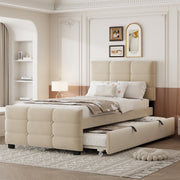 Upholstered Single Bed with Pull-out Guest Bed and Slatted Frame, 90x190cm, Beige Velvet