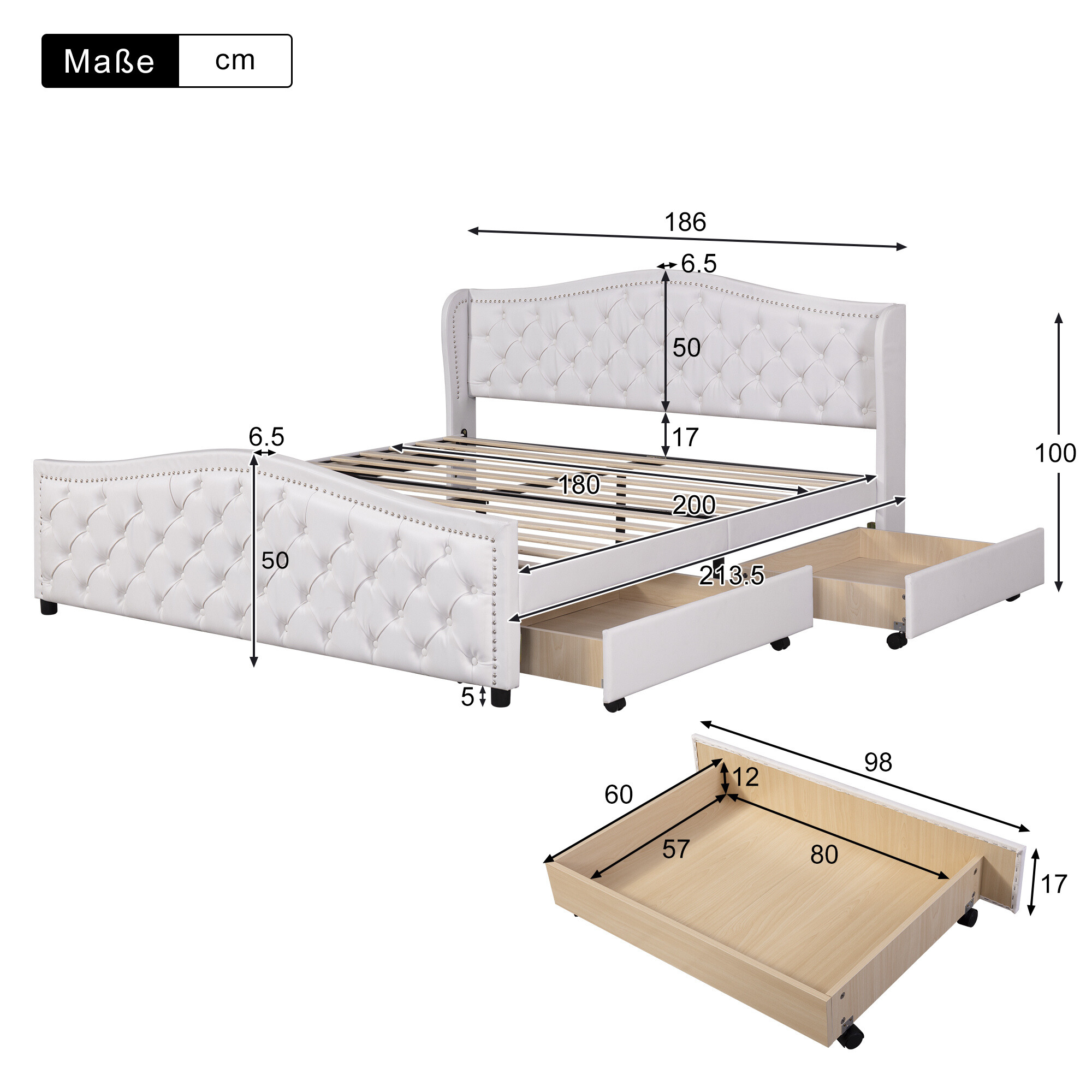 Upholstered Bed 180x200 Storage 2 Drawers High Headboard - PU White