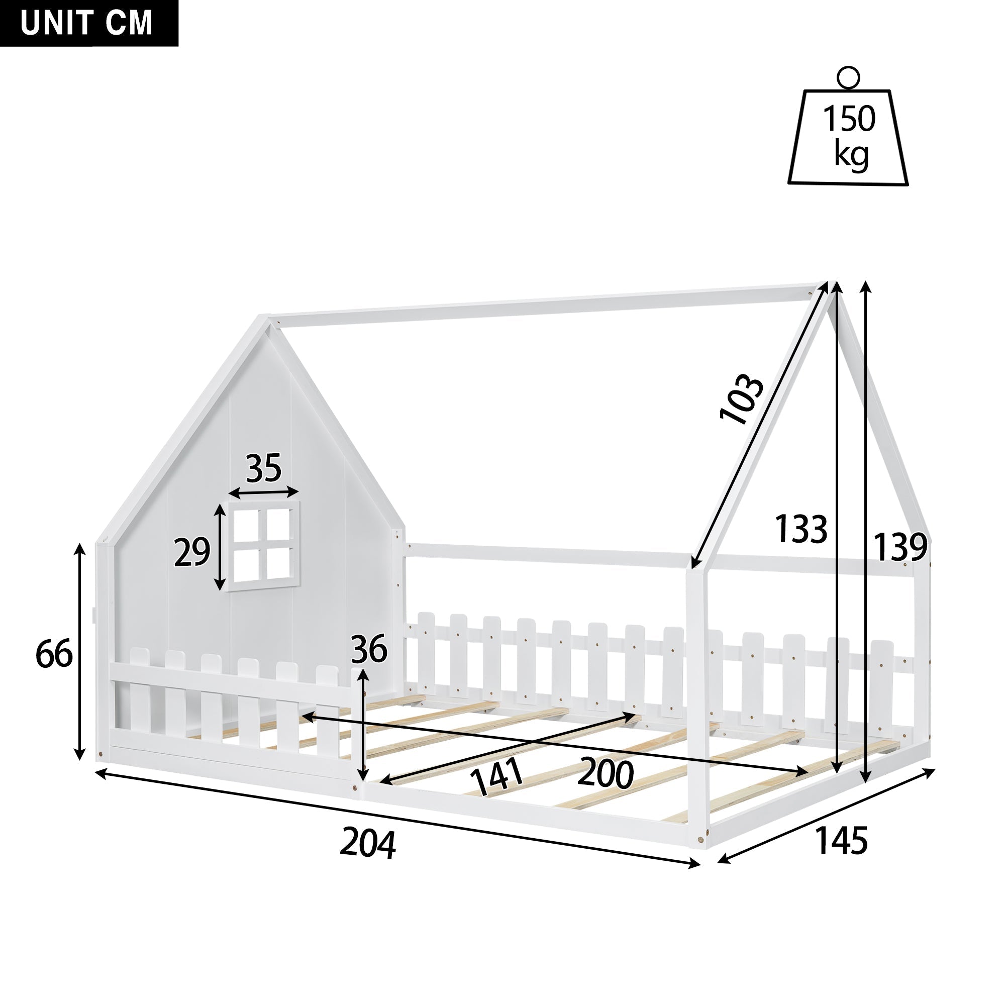 Flatbed 140x200cm House Rail Railing - White Pine