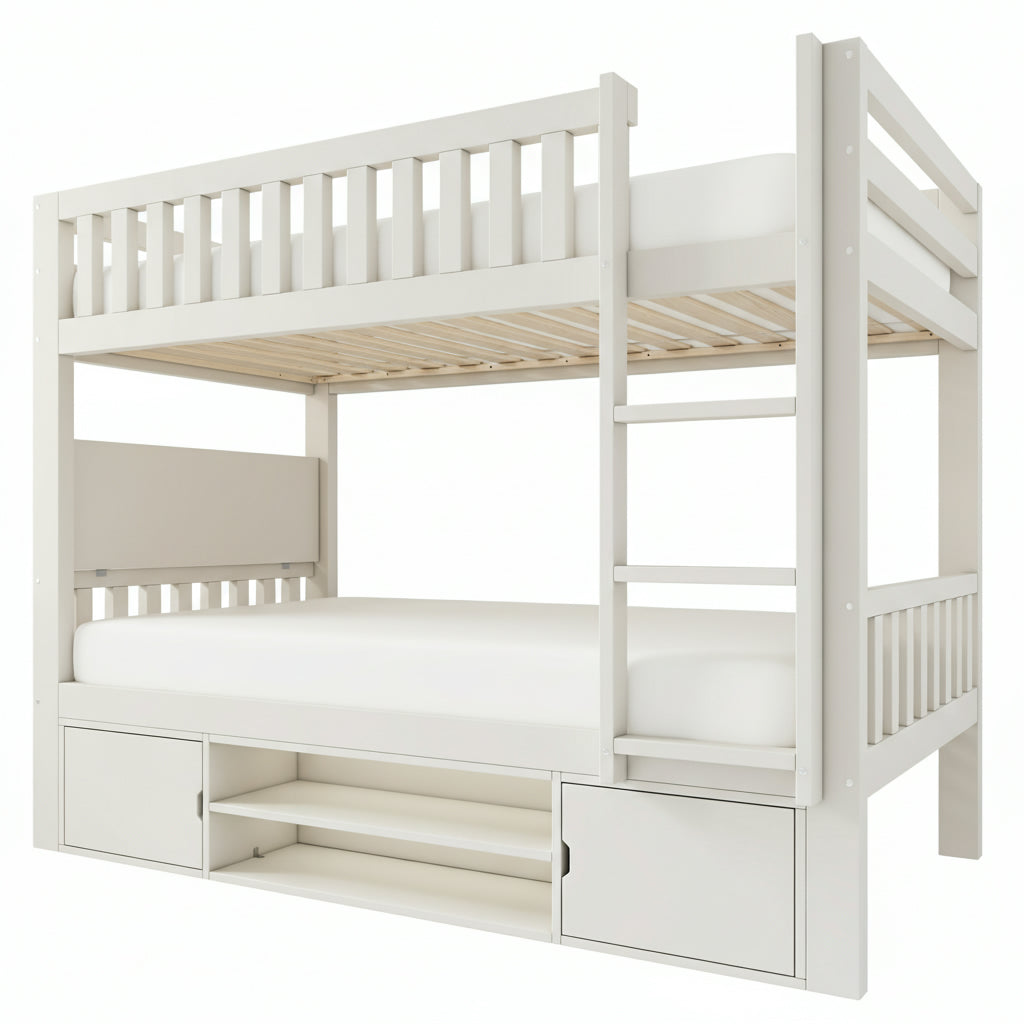 Children's Loft Bed 90x200cm with Fold-down Tabletop and Integrated Shoe Rack, White