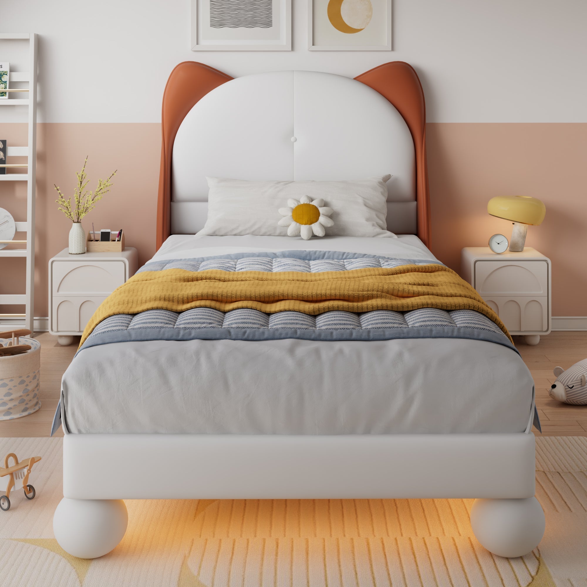 Upholstered Bed, Single/Children's, Cat-Ear Headboard, LED Light Strip, Beige + Yellow-Brown PU
