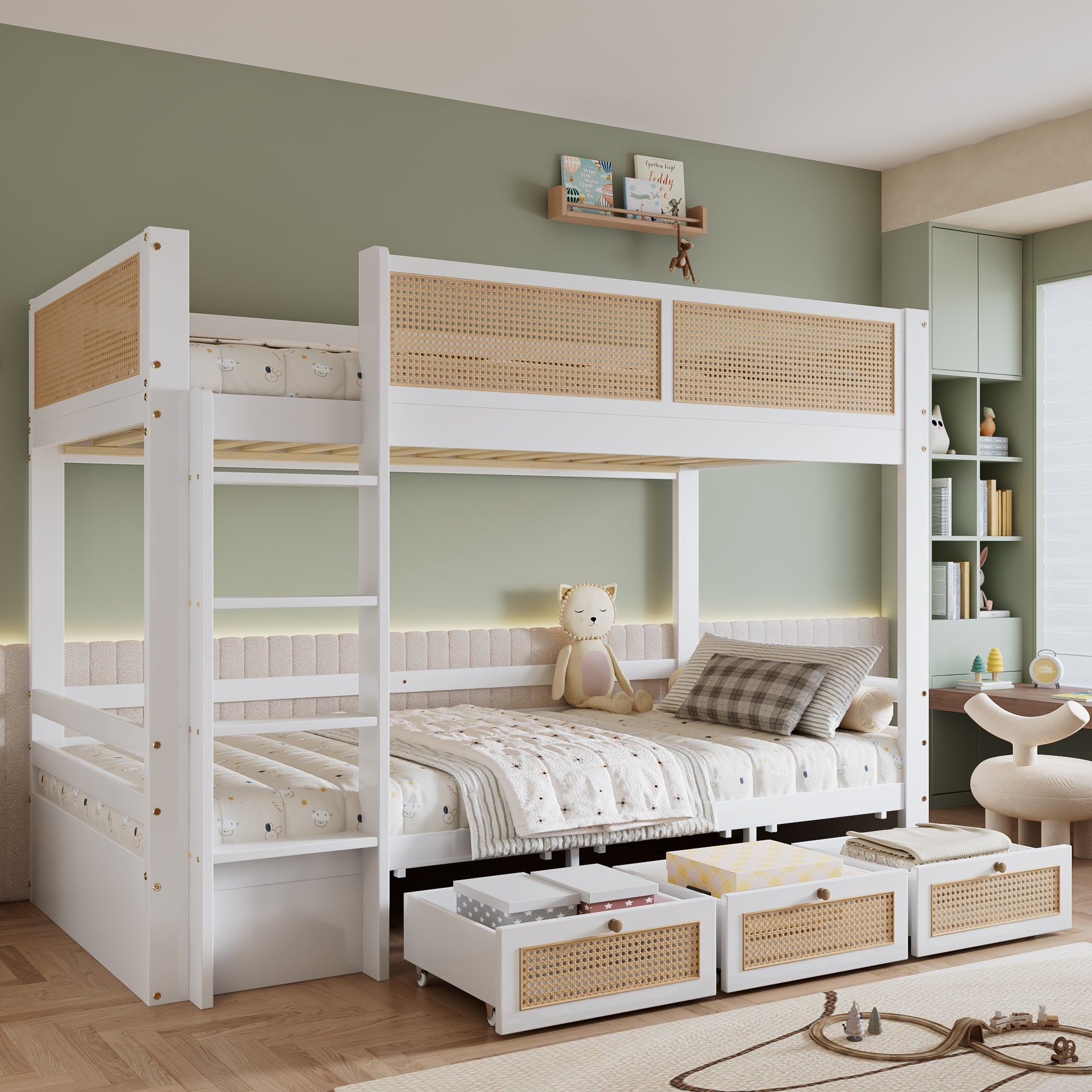 Bunk Bed, Rattan Fence with Drawers & Safe Rails, Pine + MDF + Plywood, White + Natural, 90x200cm