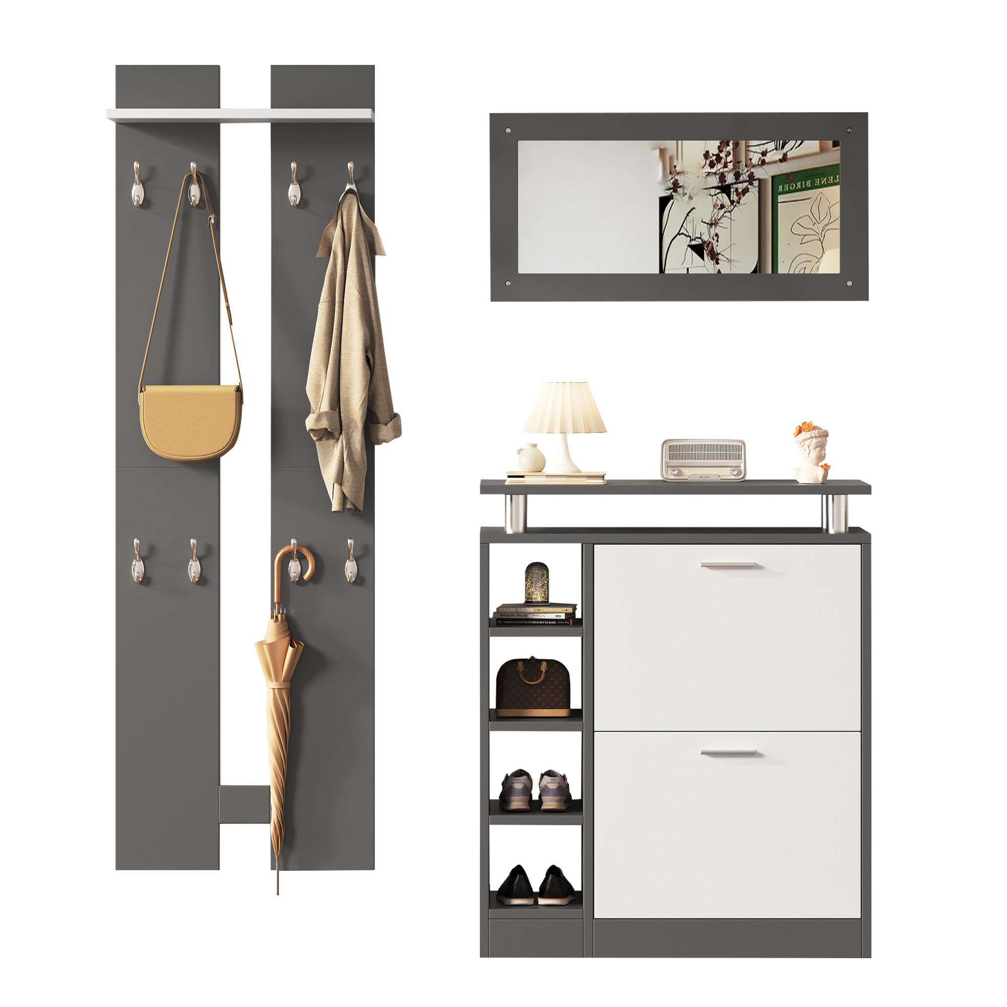 Wall-mounted Wardrobe Set, Mirror, Shoe Cabinet, Anthracite Grey Matt