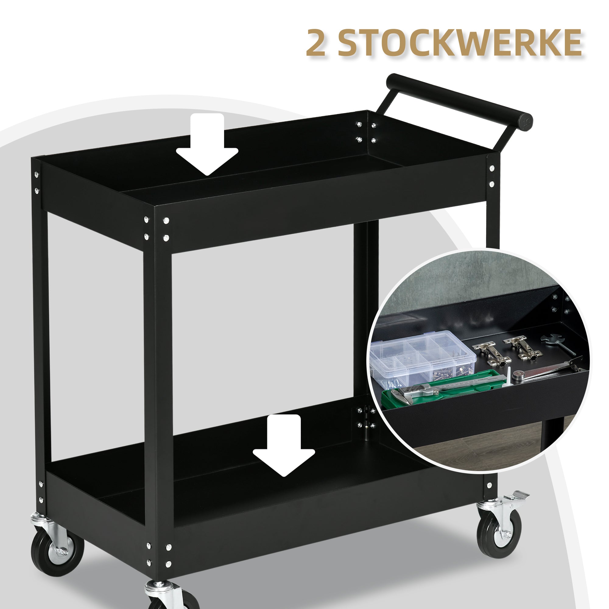 DURHAND 2-tier workshop trolley, 150 kg load capacity, steel black