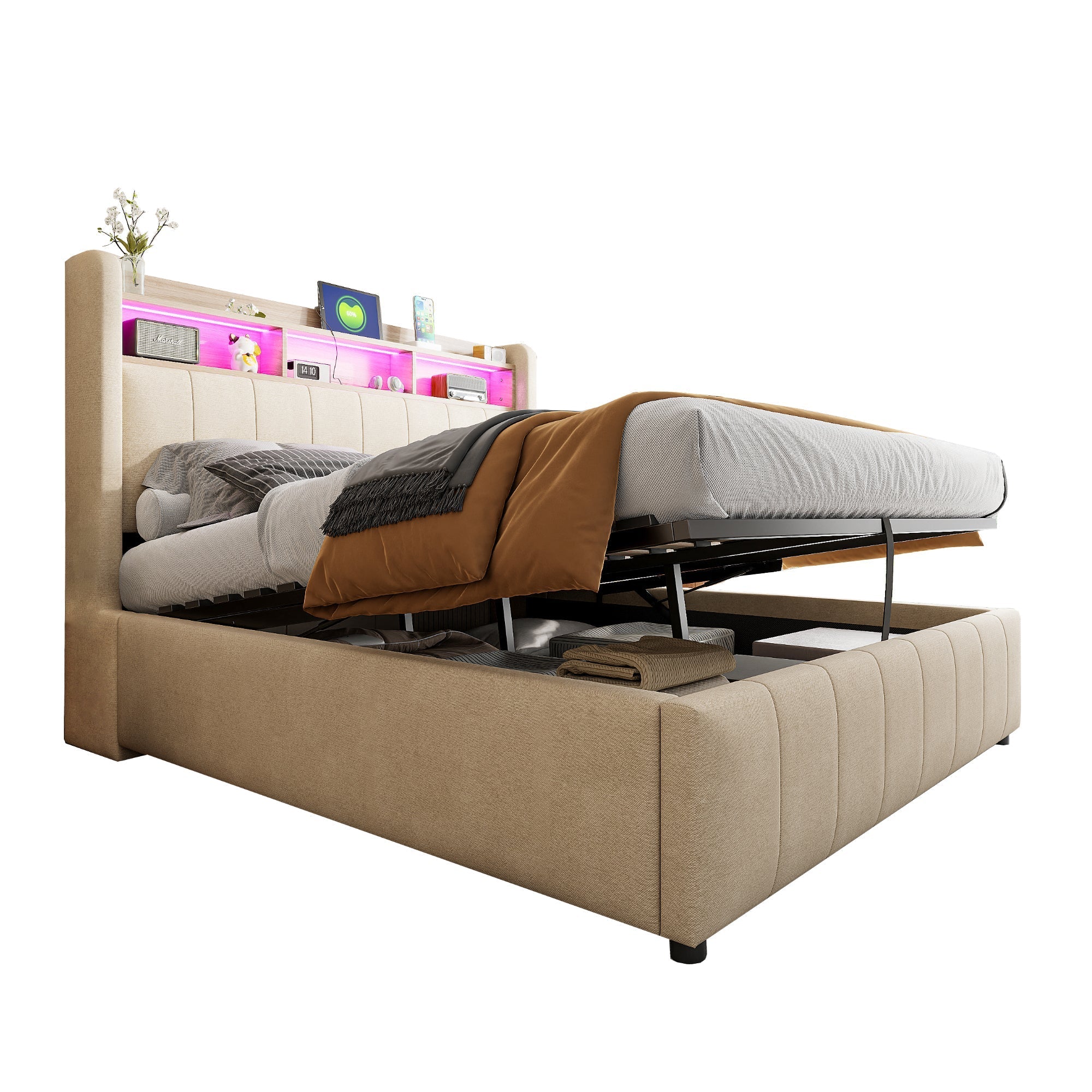 Upholstered Bed 140*200cm, LED Lighting, USB Socket, Headboard with Shelves, Hydraulic Storage, Double Bed, Beige Linen Fabric