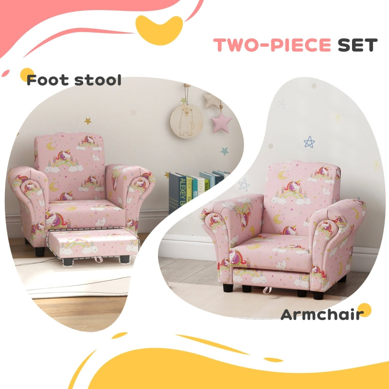 2 Piece Kids Sofa Set Unicorn Design Wooden Frame Pink