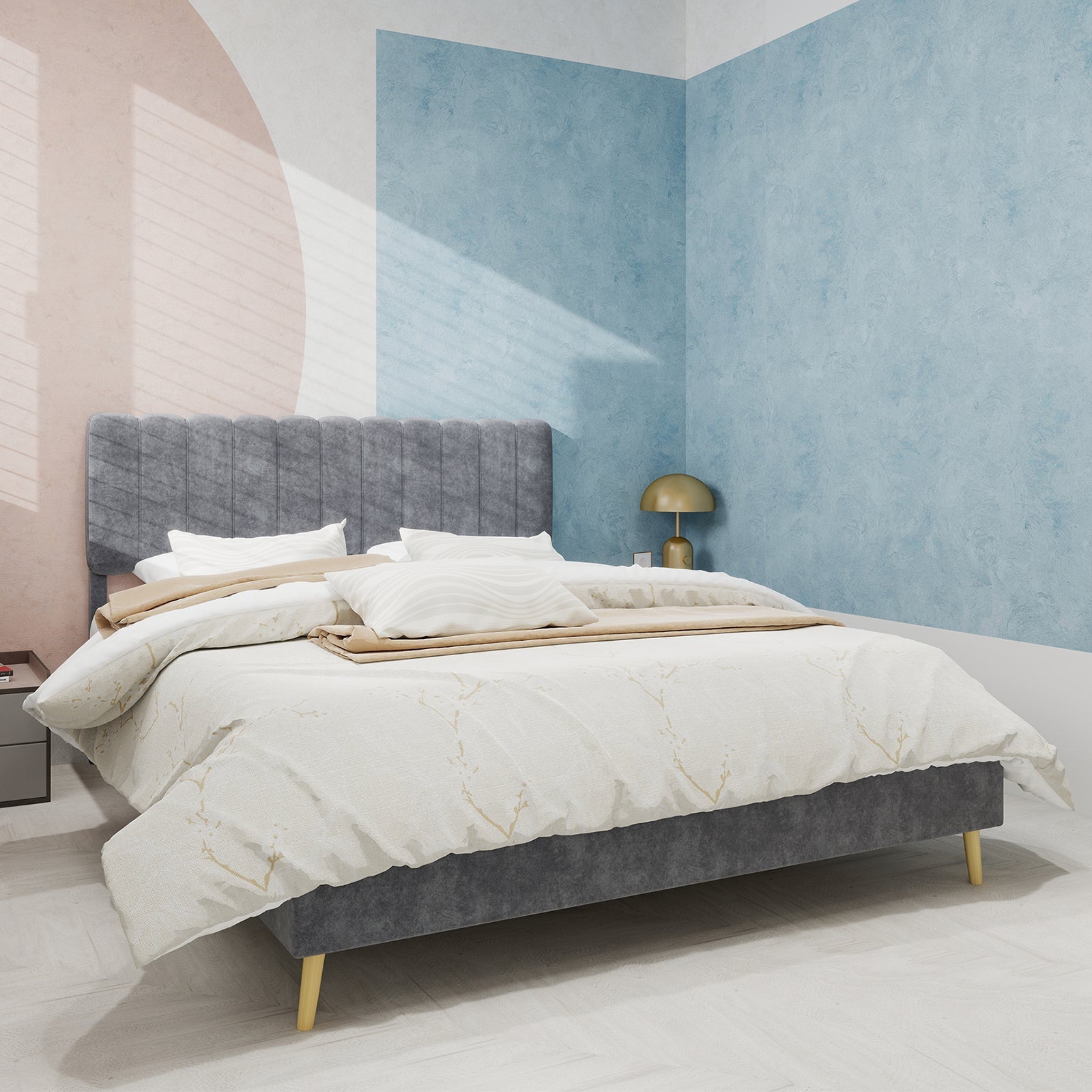 Modern Minimalist Upholstered Bed, Soft Headboard, 160x200 cm, Grey