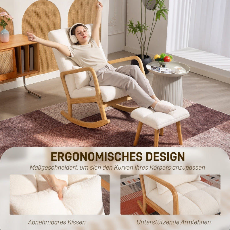 Rocking Chair with Stool, Fleece Cover, Wooden Skids, White